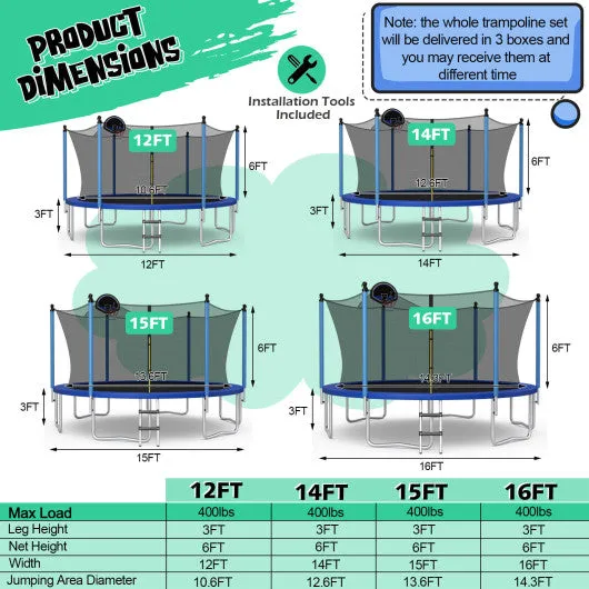 12/14/15/16 Feet Outdoor Recreational Trampoline with Ladder and Enclosure Net-15 ft