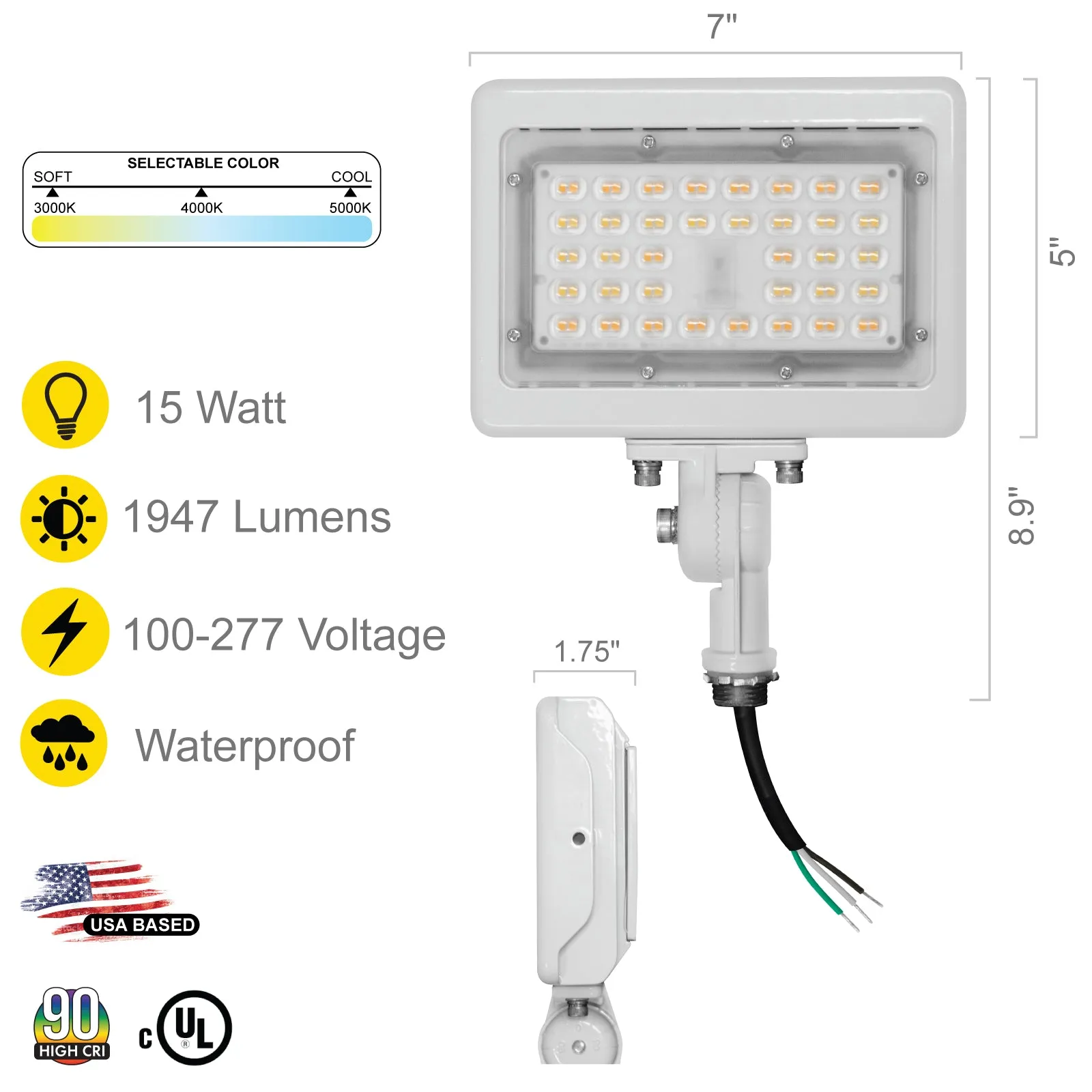 15W LED Flood Lights Outdoor Security Lighting - Waterproof - 3CCT 3000K-5000K - 2100LM - Knuckle Mount