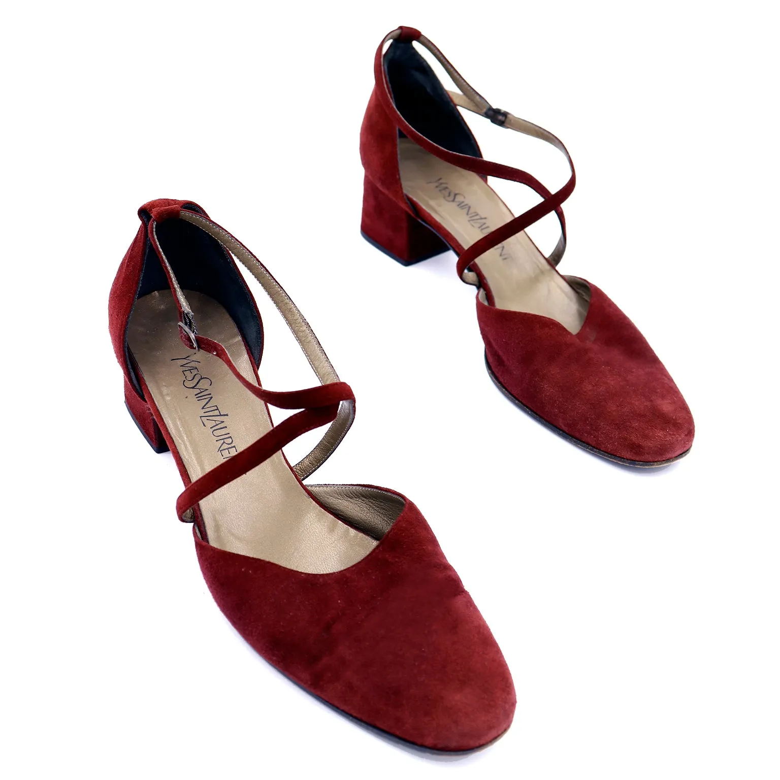 1990s Yves Saint Laurent Vintage Burgundy Suede Cross Strap Block Heel Shoes