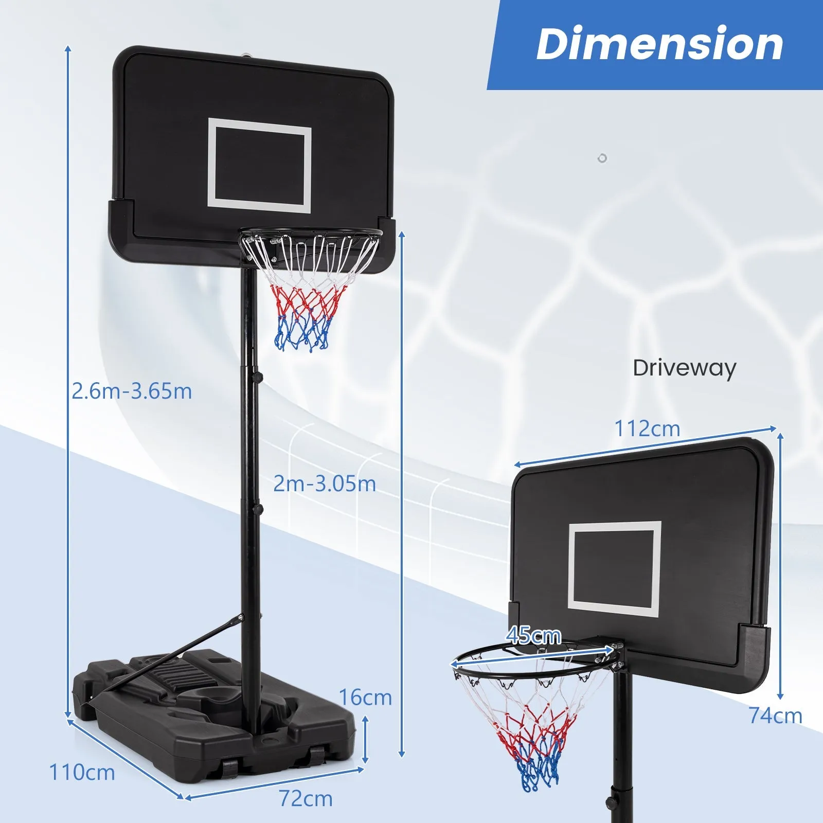 2.6-3.65 m Adjustable Portable Basketball Hoop with Shatterproof Backboard