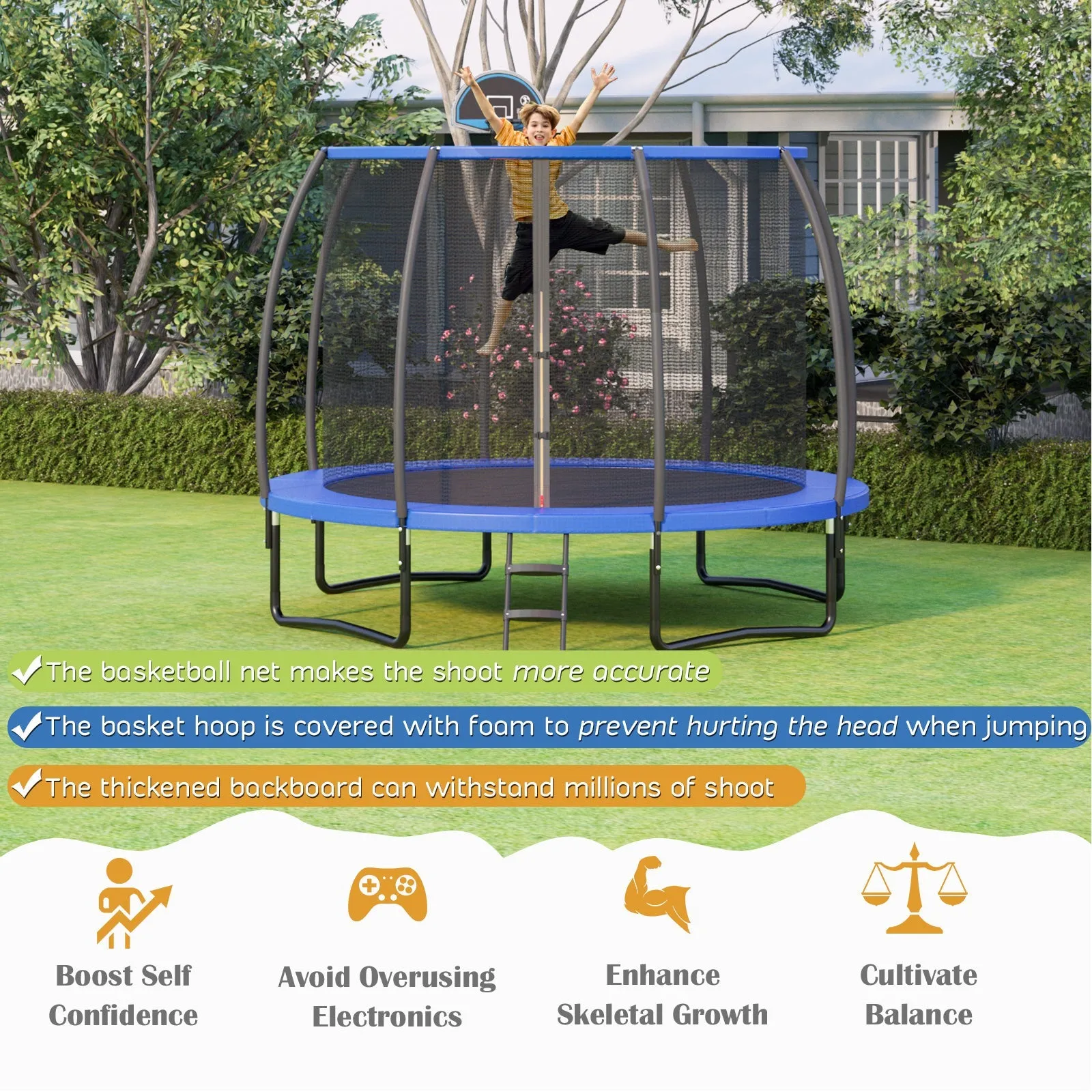 370cm Trampoline with Basketball Hoop and Safety Enclosure Net