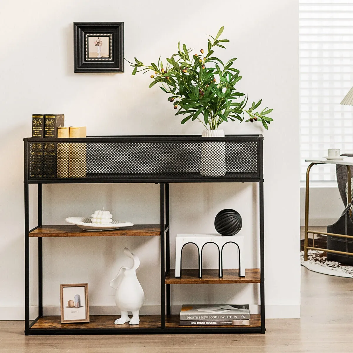 4-Tier Console Table with Wire Basket and Storage Shelves-Brown