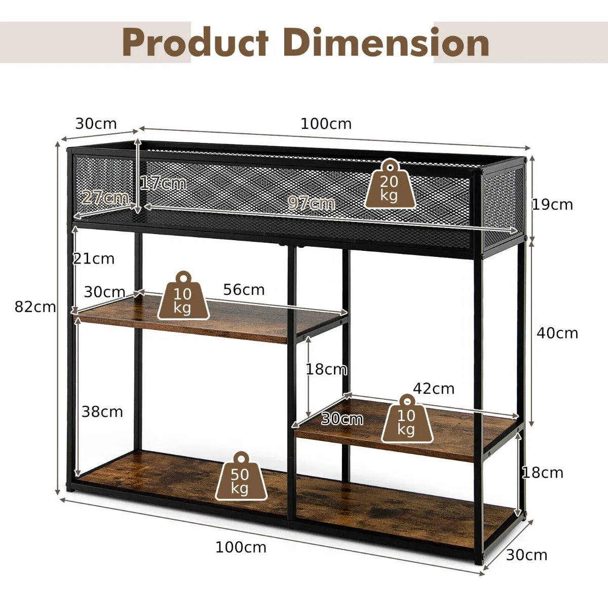 4-Tier Console Table with Wire Basket and Storage Shelves-Brown