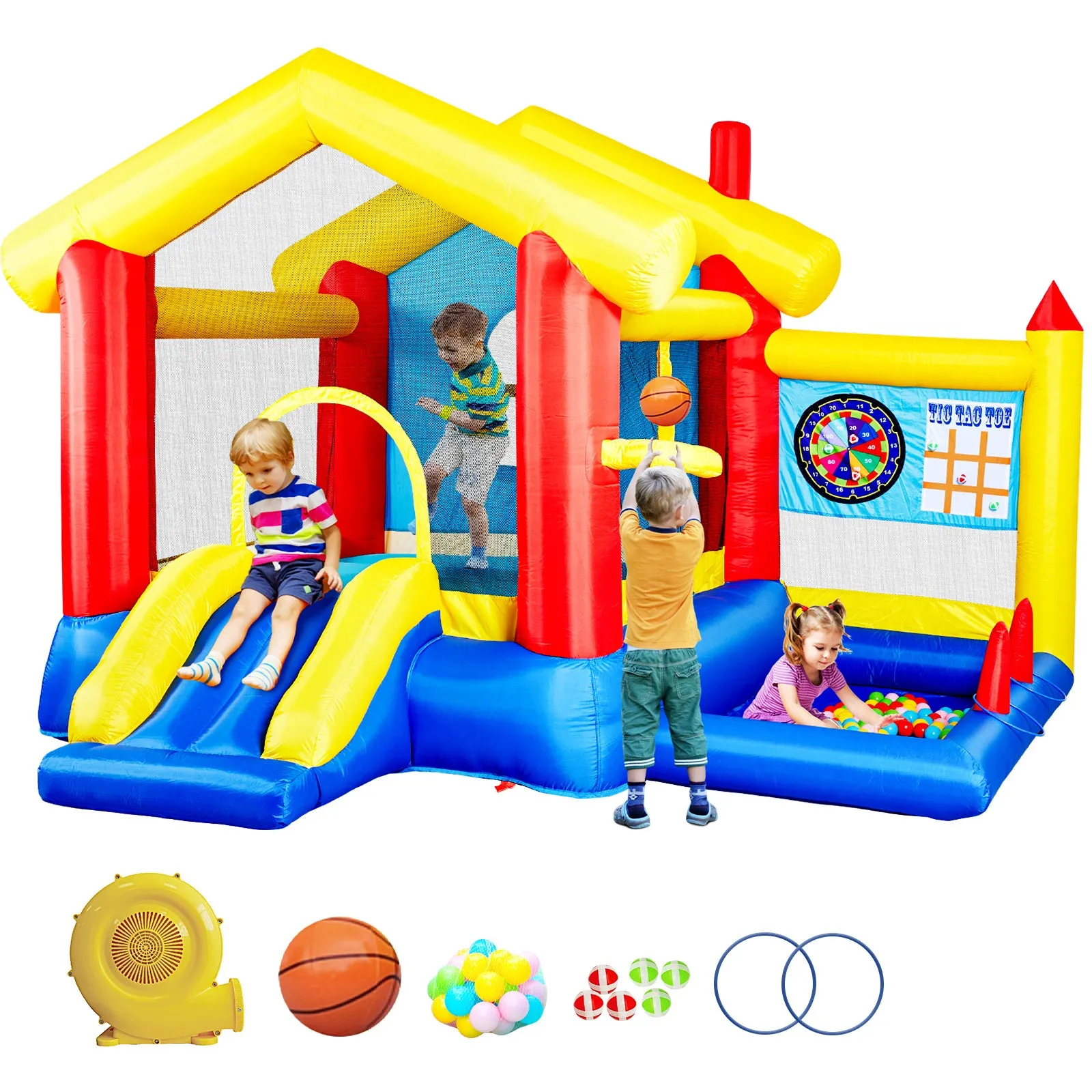 8 in 1 Inflatable Bounce House with Blower Basketball Hoop Ocean Balls Ring-toss Game Target and Sticky Ball Game for Kids