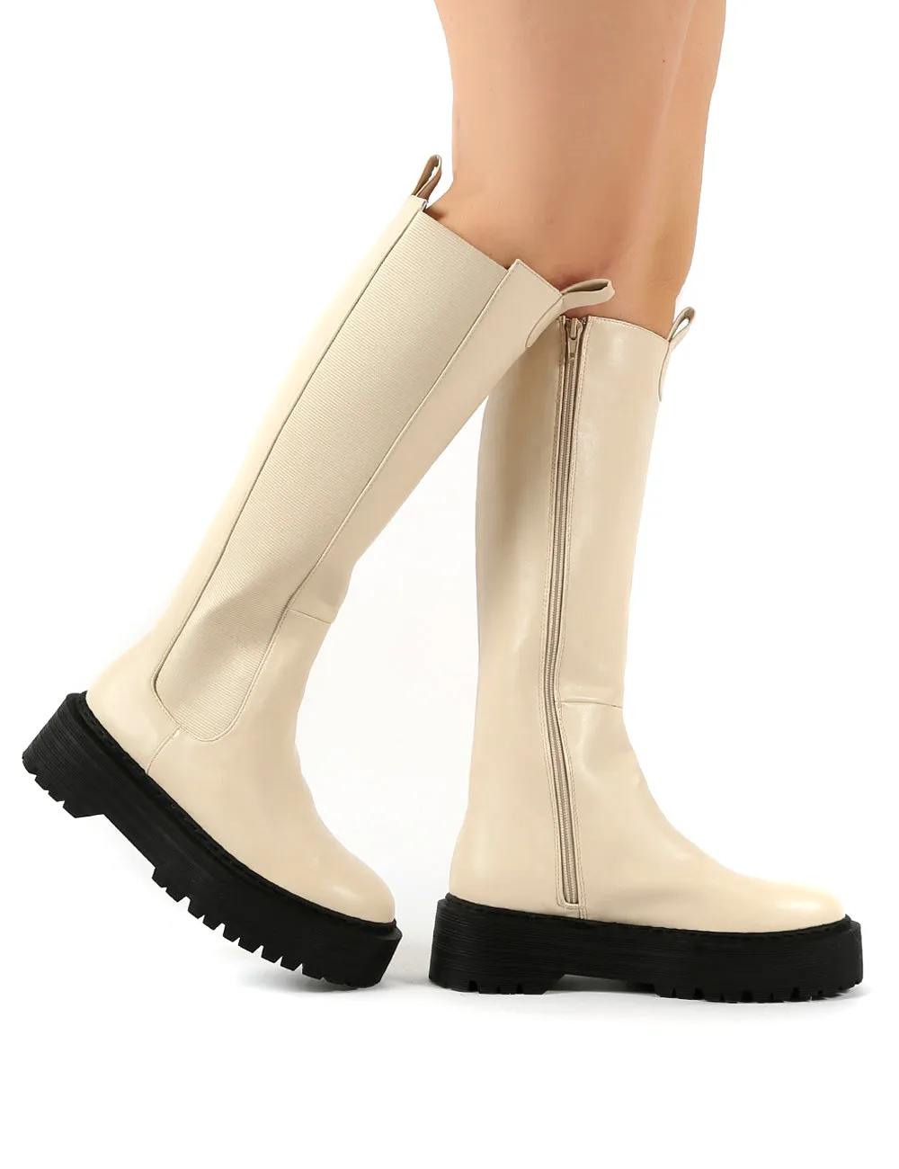 Andi Bone Pu Knee High Chunky Sole Boots