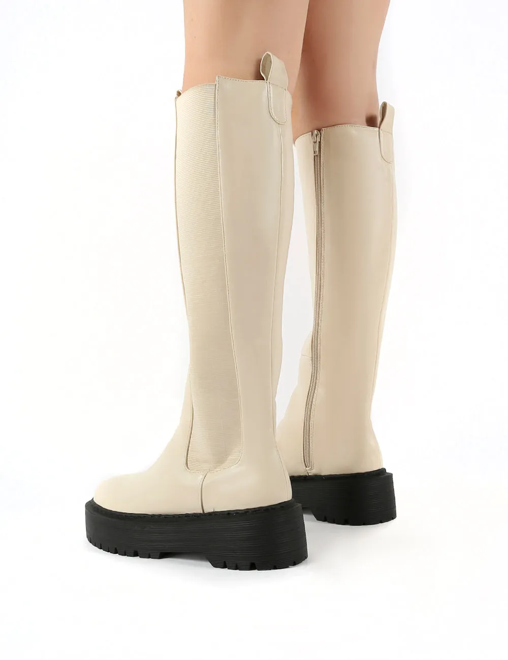 Andi Bone Pu Knee High Chunky Sole Boots