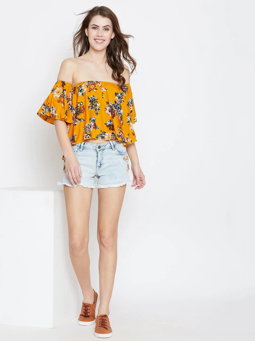 Berrylush Women Mustard & Green Floral Printed Off-Shoulder Neck Ruffled Crop Bardot Top