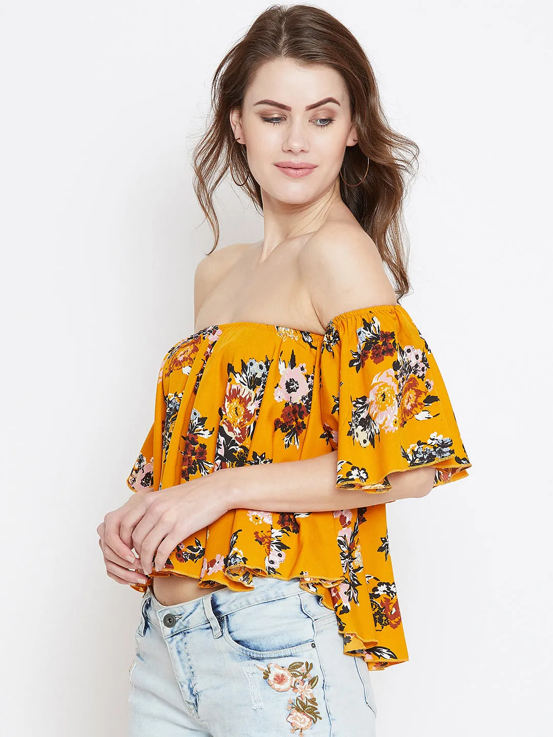 Berrylush Women Mustard & Green Floral Printed Off-Shoulder Neck Ruffled Crop Bardot Top