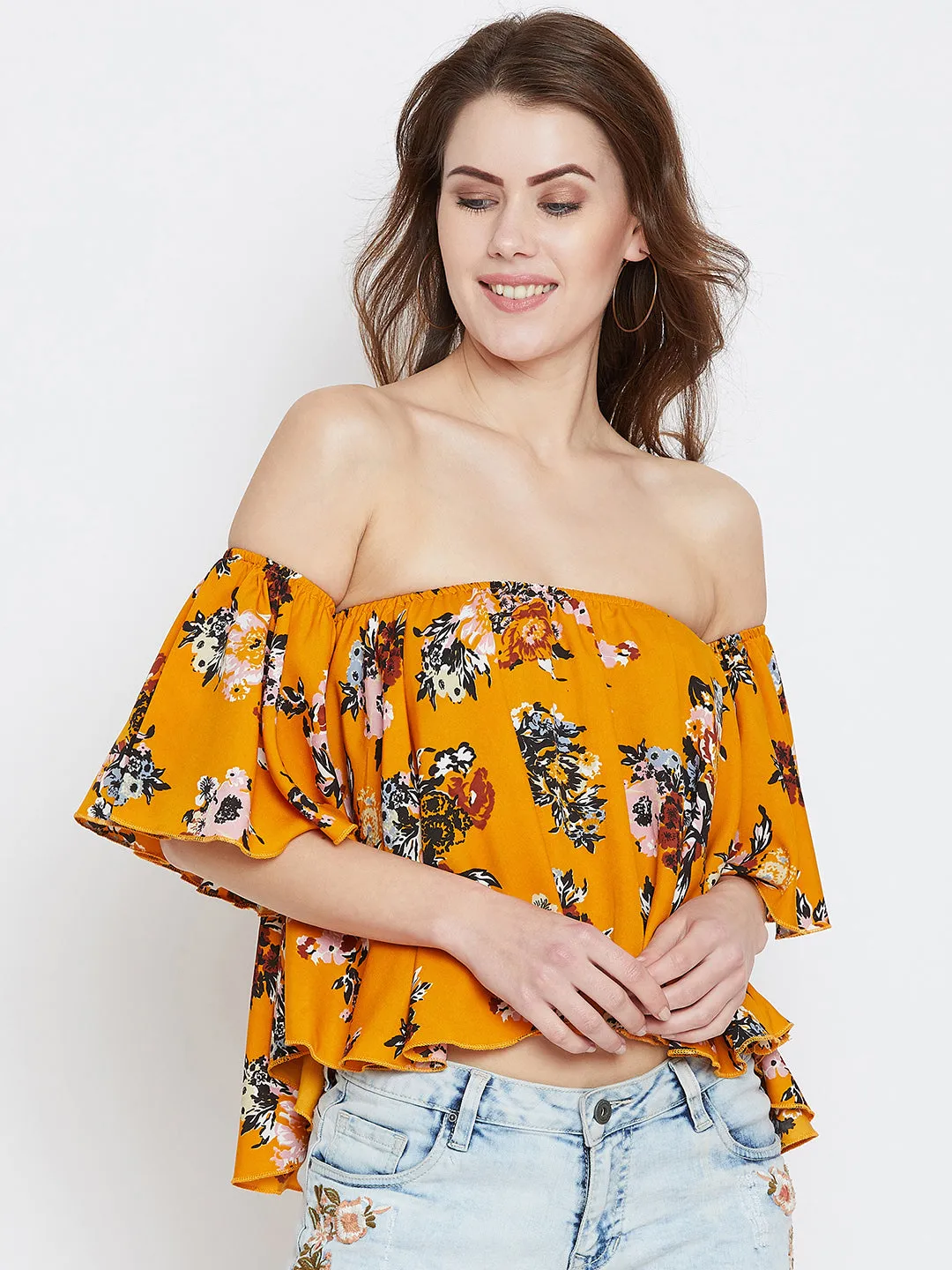 Berrylush Women Mustard & Green Floral Printed Off-Shoulder Neck Ruffled Crop Bardot Top