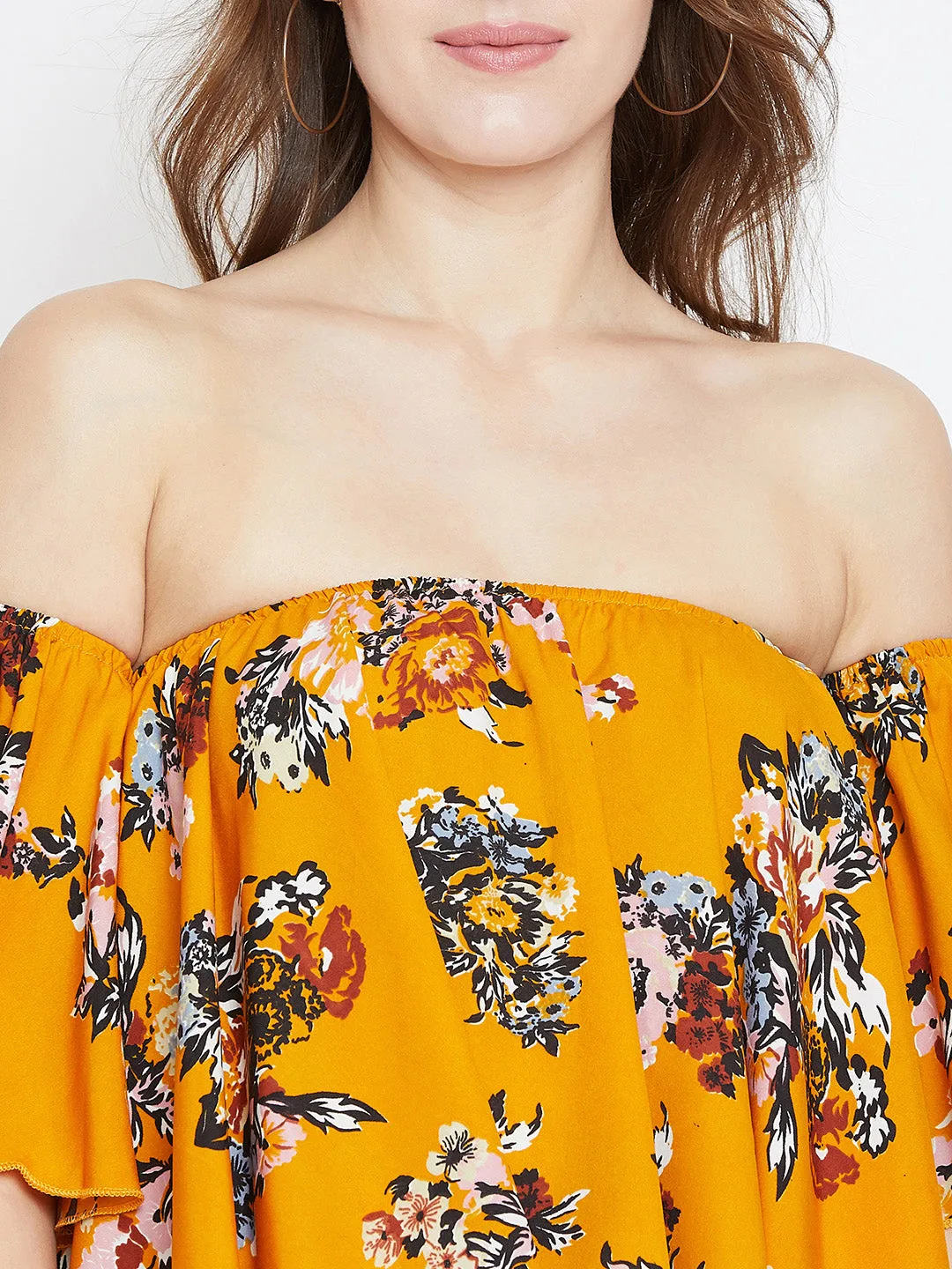 Berrylush Women Mustard & Green Floral Printed Off-Shoulder Neck Ruffled Crop Bardot Top