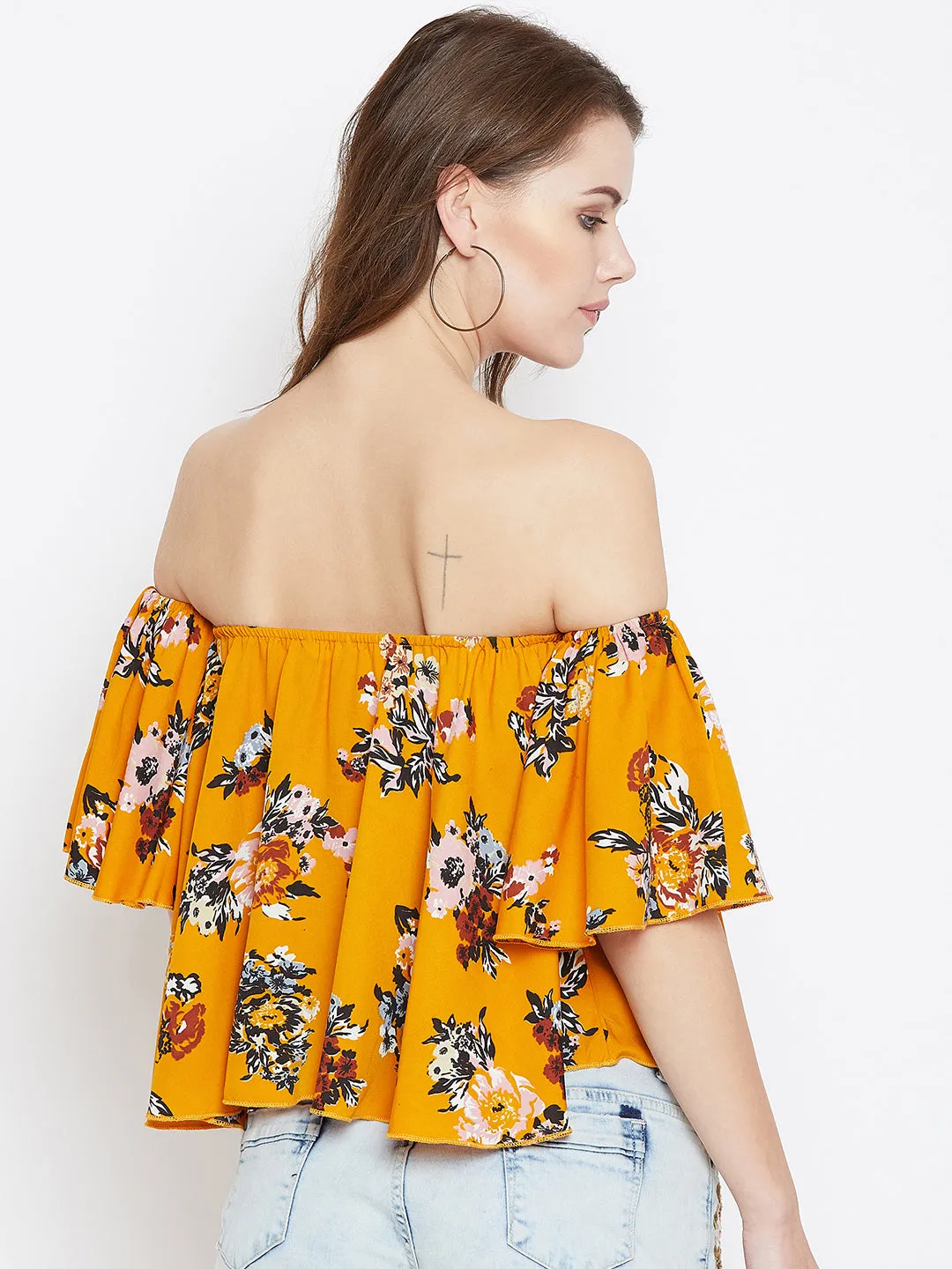 Berrylush Women Mustard & Green Floral Printed Off-Shoulder Neck Ruffled Crop Bardot Top