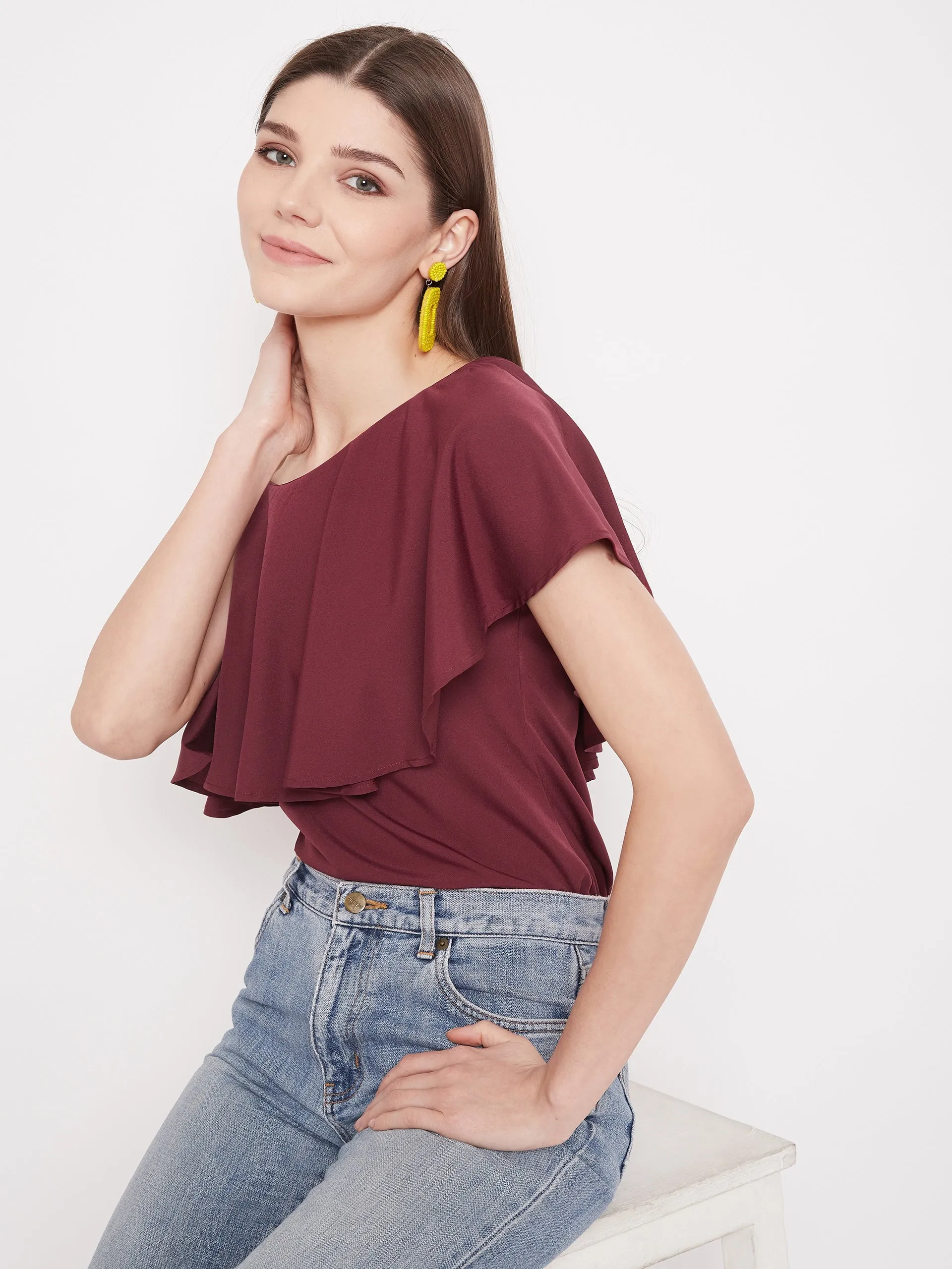 Berrylush Women Solid Maroon Ruffled One Shoulder Top