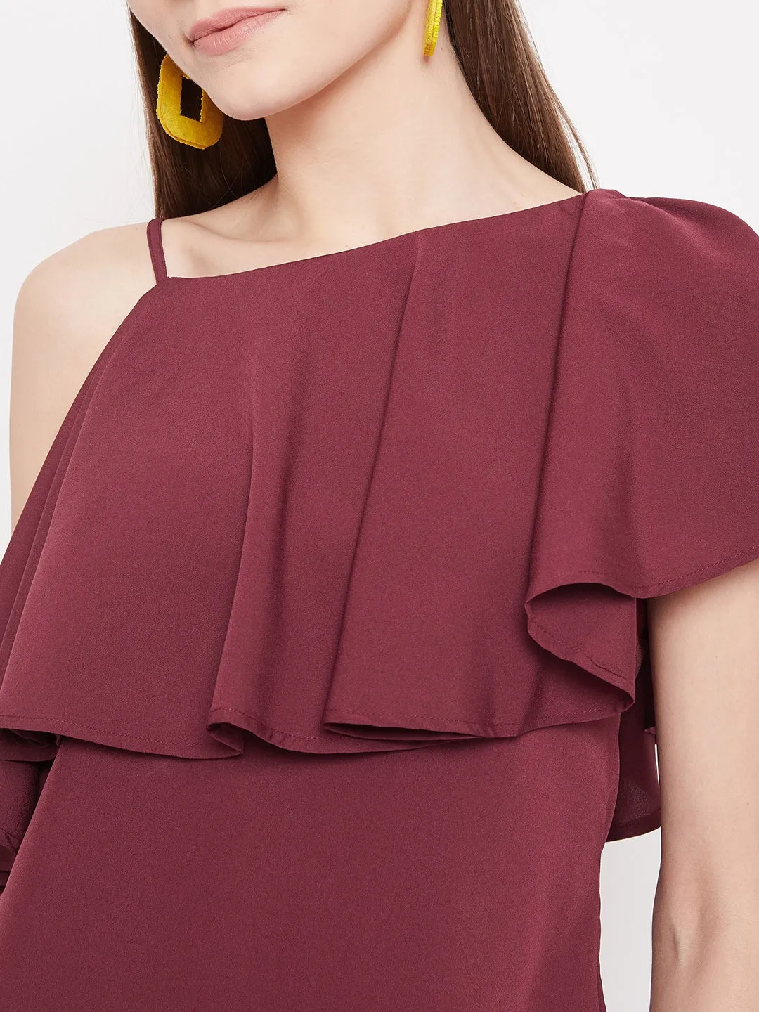 Berrylush Women Solid Maroon Ruffled One Shoulder Top