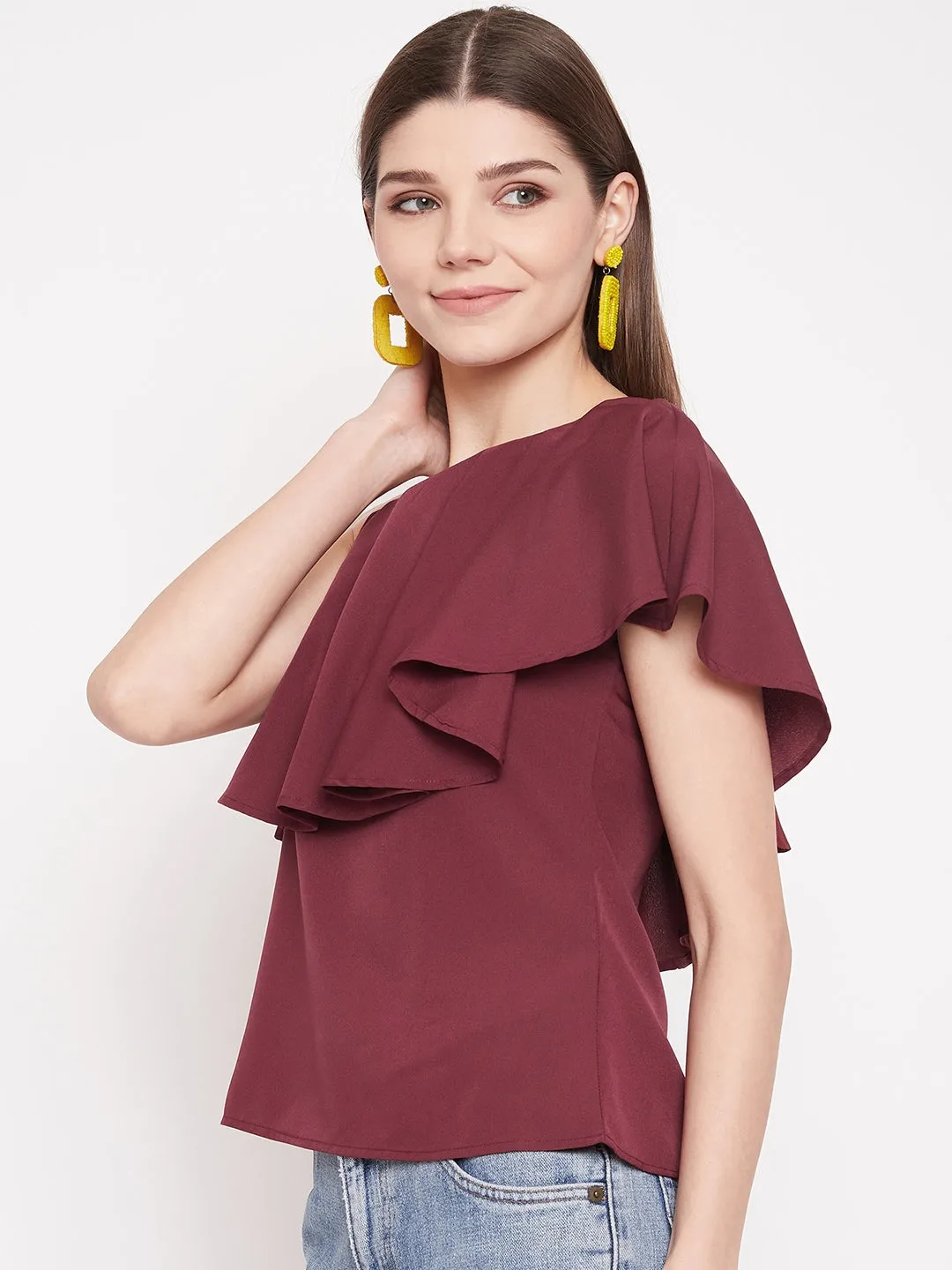 Berrylush Women Solid Maroon Ruffled One Shoulder Top