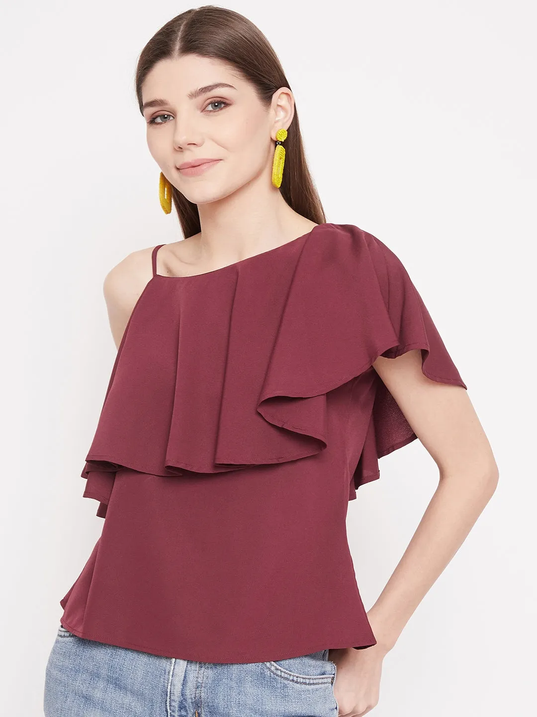 Berrylush Women Solid Maroon Ruffled One Shoulder Top