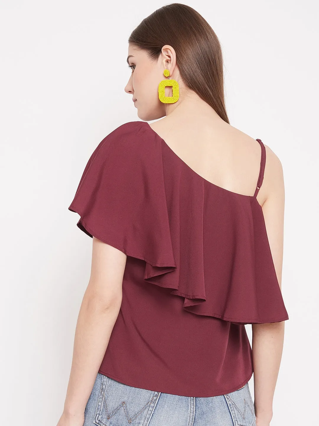 Berrylush Women Solid Maroon Ruffled One Shoulder Top