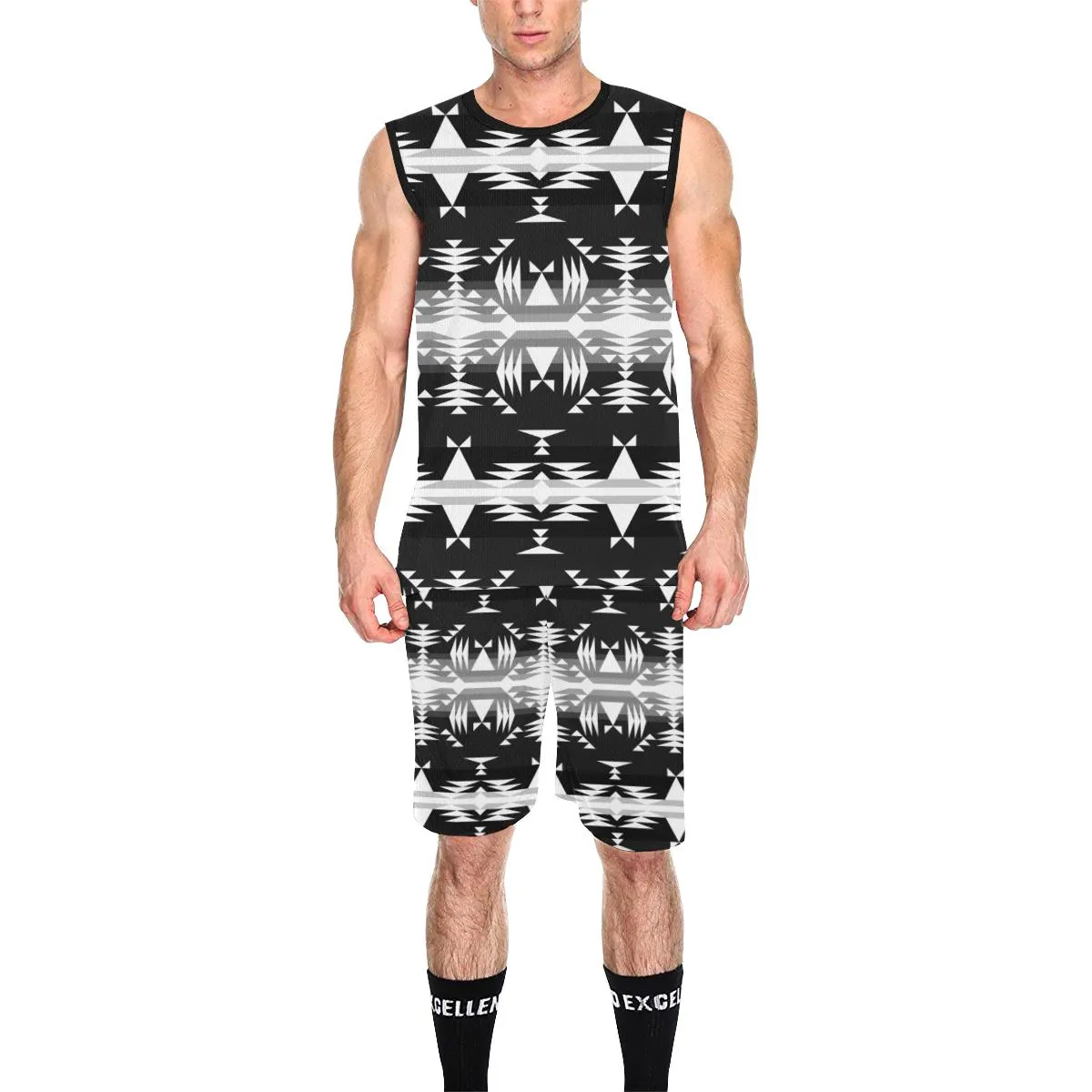 Between the Mountains Black and White Basketball Uniform