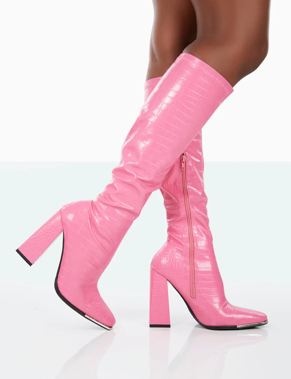 Caryn Pink Croc PU Knee High Block Heeled Boots