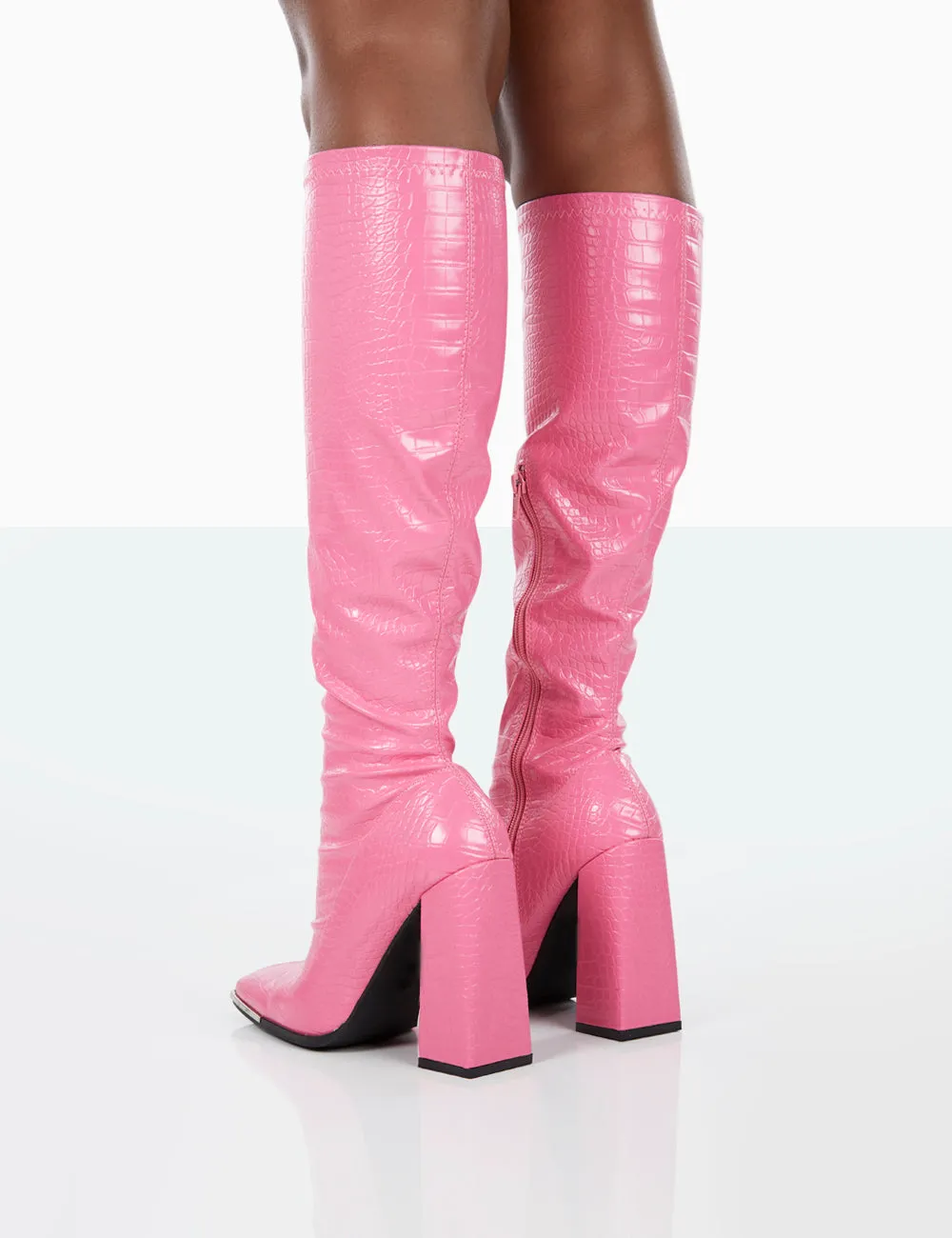 Caryn Pink Croc PU Knee High Block Heeled Boots