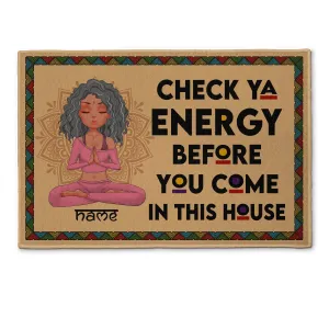 Check Ya Energy - Personalized Doormat - Birthday Gift For Yoga Lover - Yoga Girl Illustration