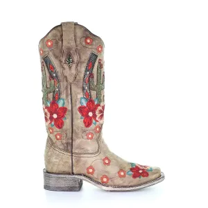 Corral Womens Cactus Flowers Cowboy Boots Leather Tan