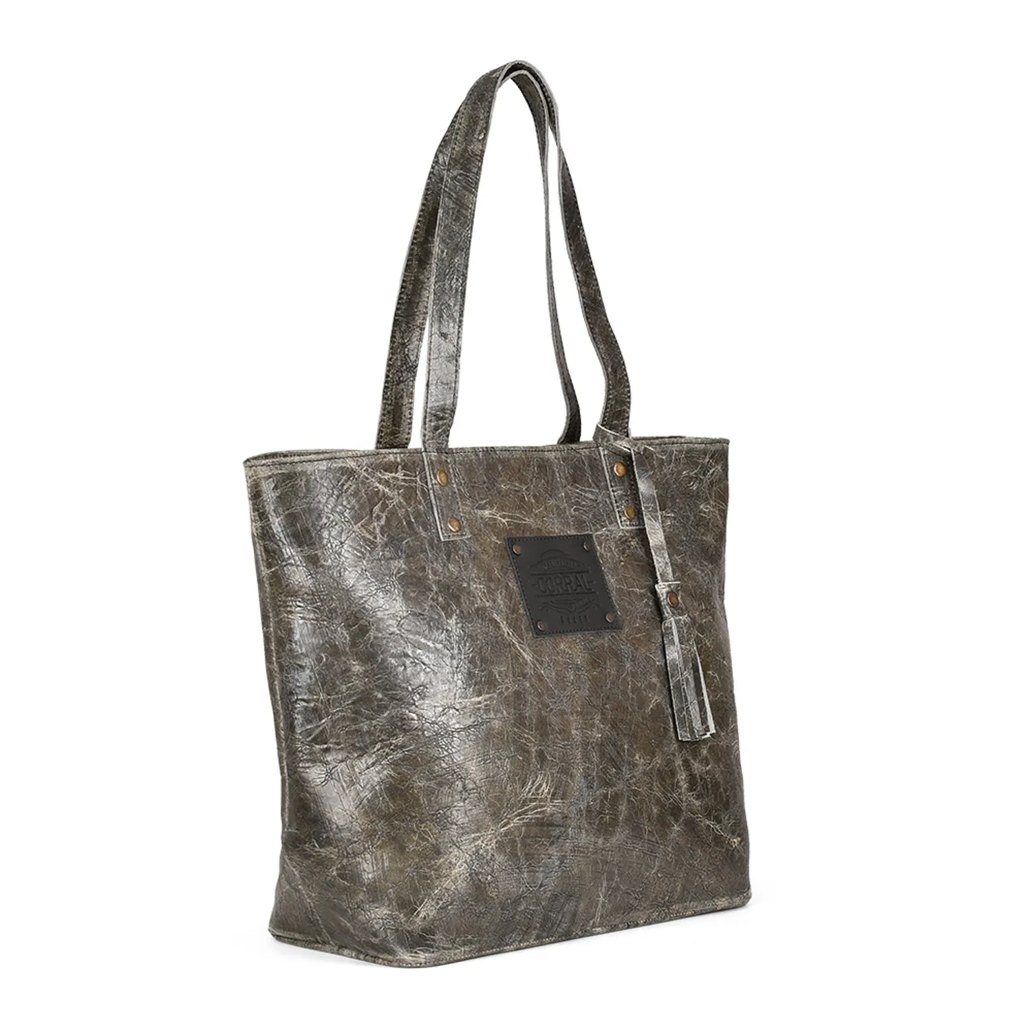 Corral Womens D1288 Dark Olive Leather 5 Liter Distressed Tote Bag