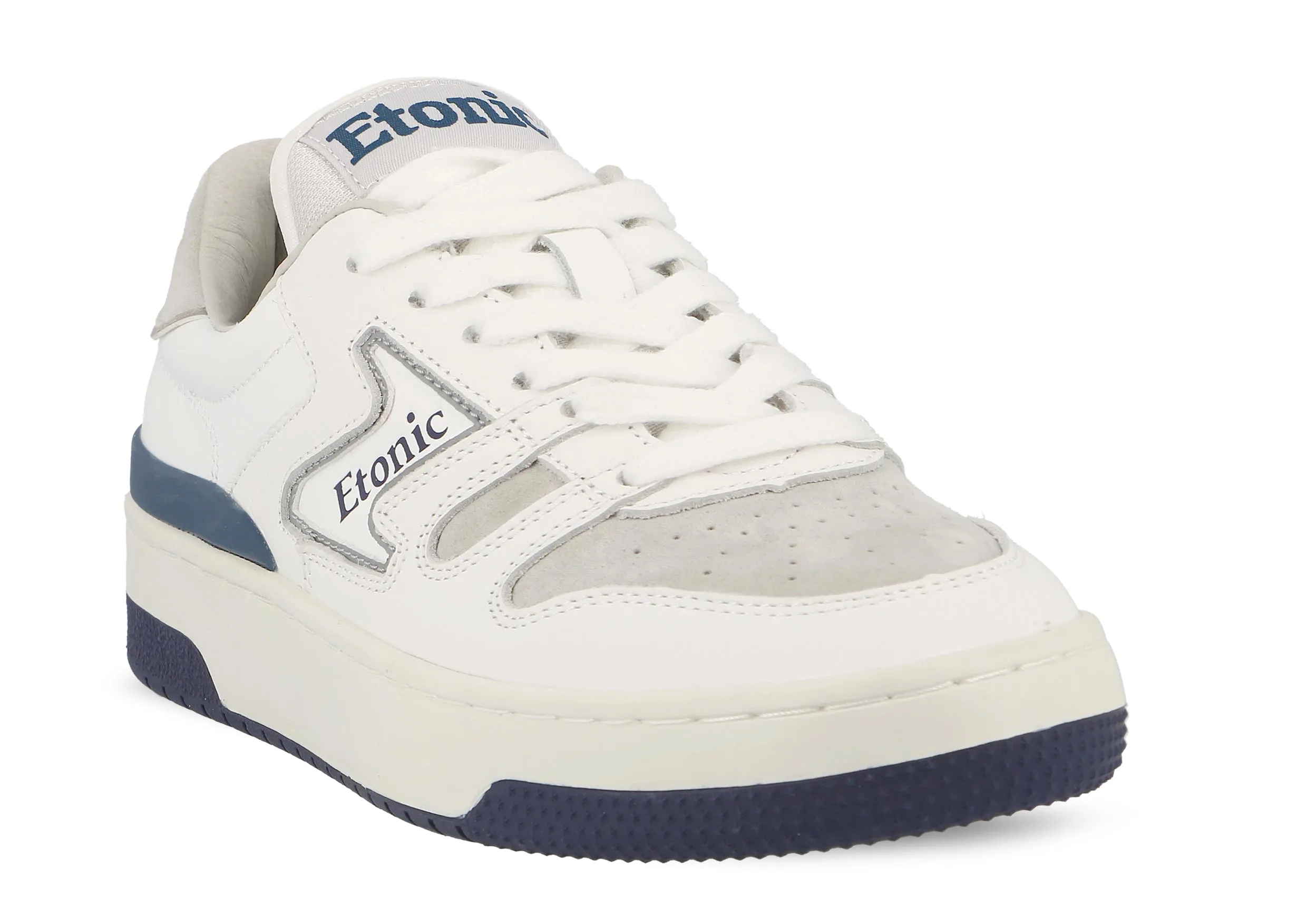 Etonic B481 sneakers in grey suede leather toebox, white leather and white midsole with blue bottom outsole.