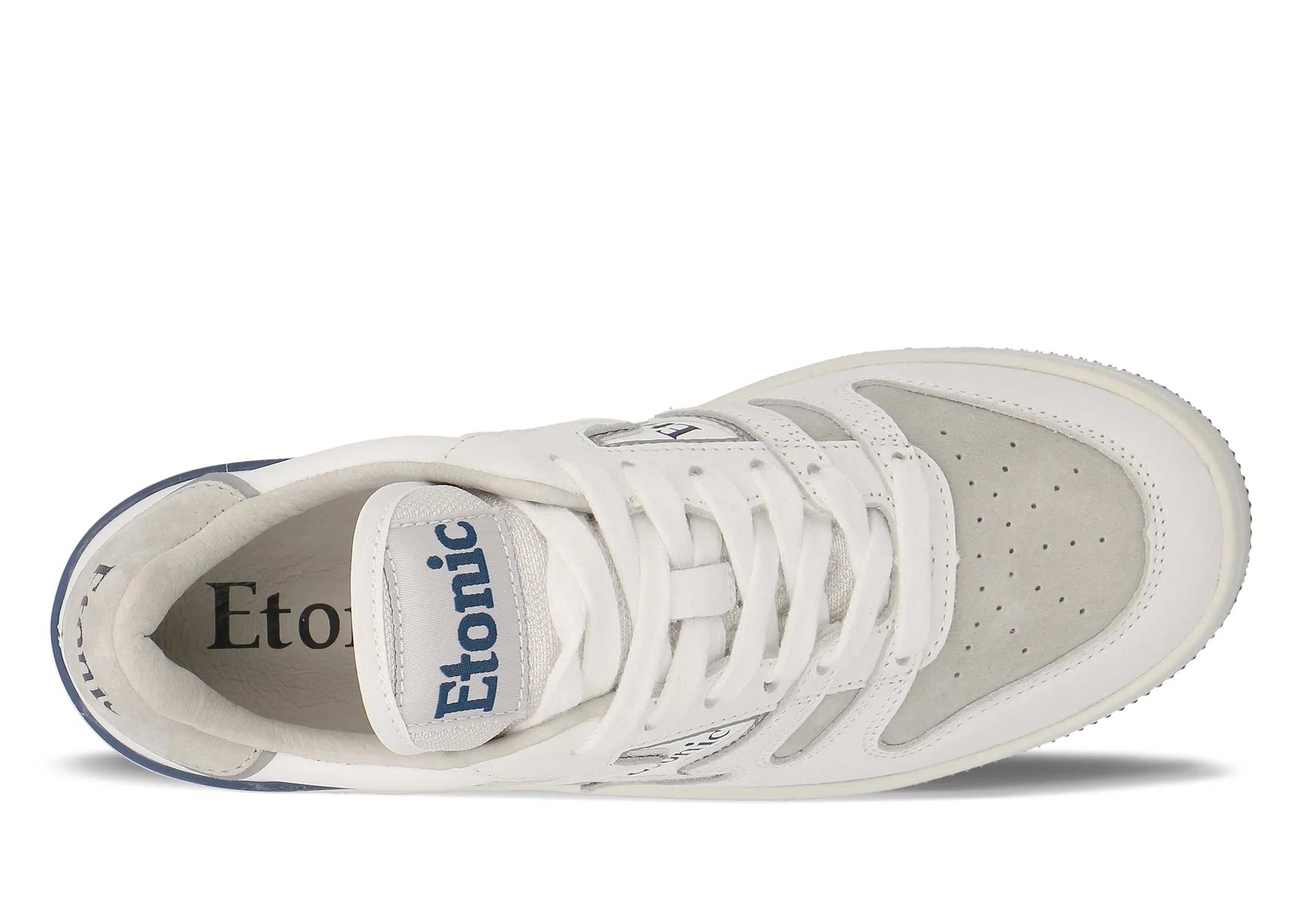 Etonic B481 sneakers in grey suede leather toebox, white leather and white midsole with blue bottom outsole.