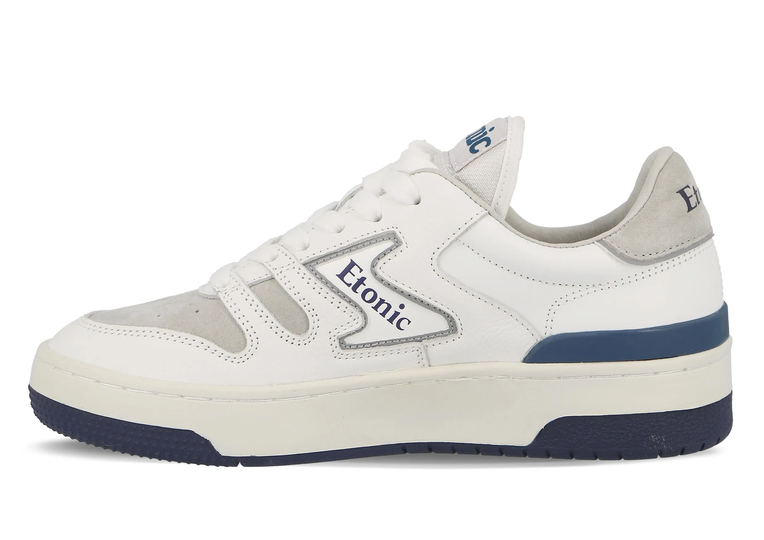 Etonic B481 sneakers in grey suede leather toebox, white leather and white midsole with blue bottom outsole.