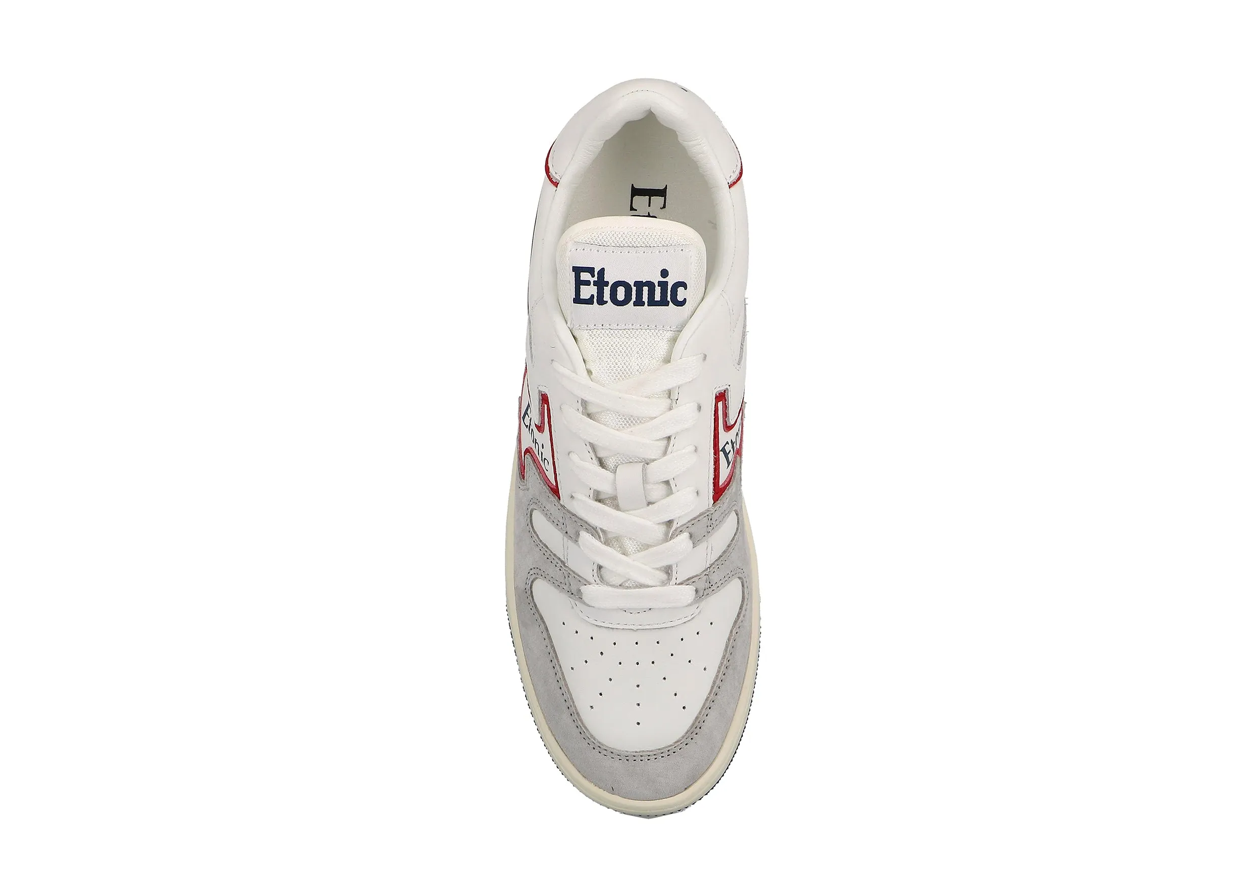 Etonic B481 sneakers in white leather and light grey suede with scarlet red inserts and details