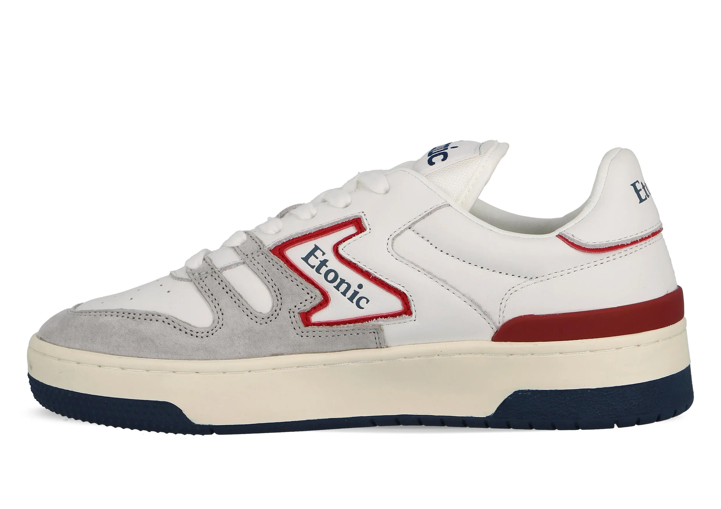 Etonic B481 sneakers in white leather and light grey suede with scarlet red inserts and details