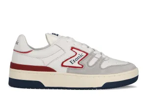 Etonic B481 sneakers in white leather and light grey suede with scarlet red inserts and details