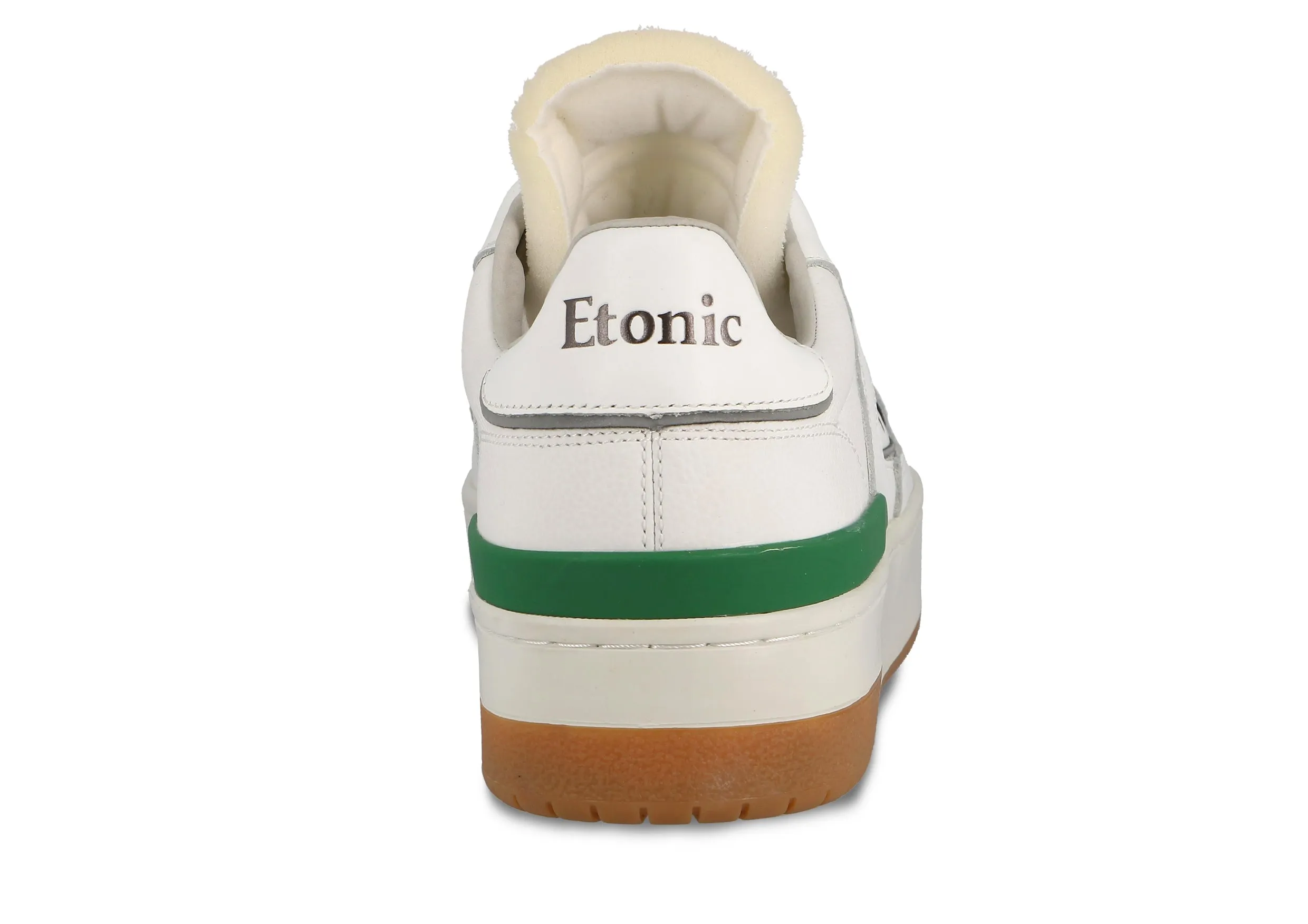 Etonic B481 sneakers in white leather, white mesh and green details with white midsole and honey bottom outsole.