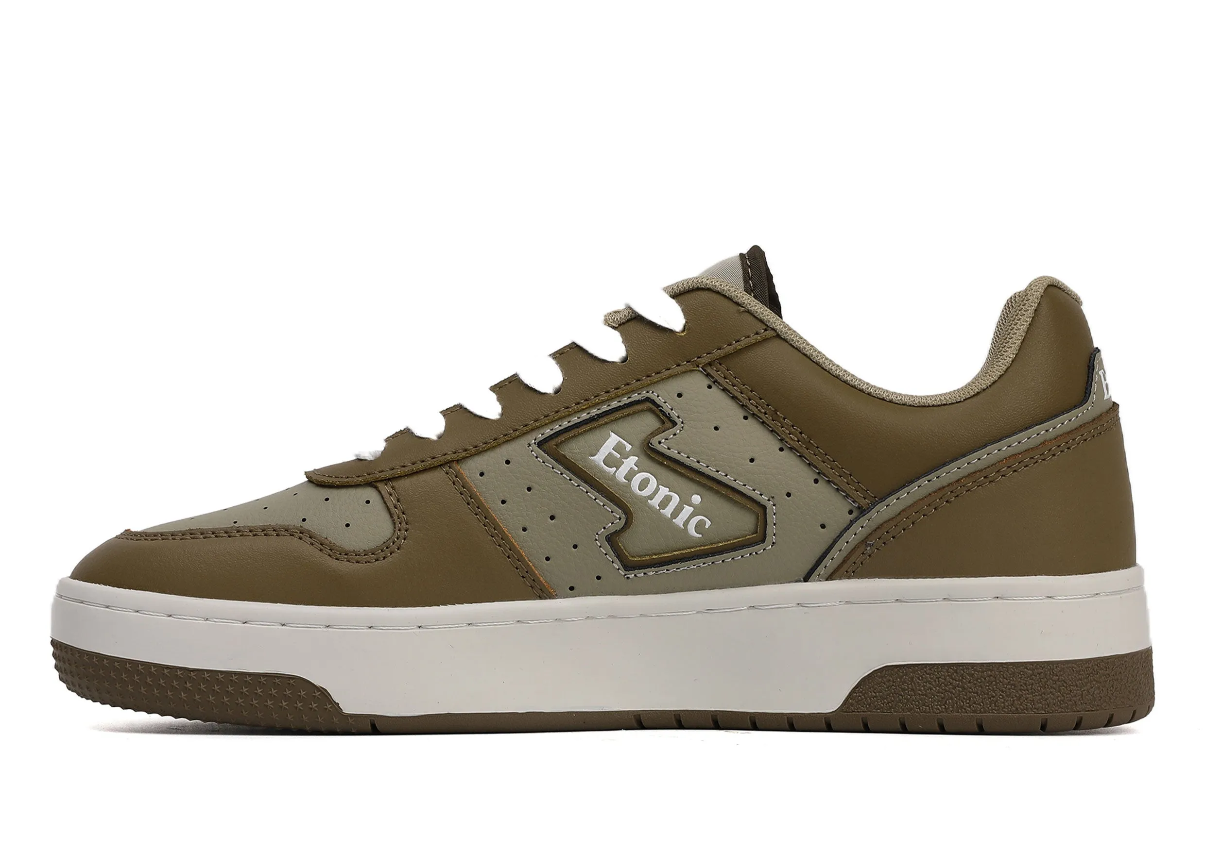 Etonic THE DOC sneakers in olive green and sage green leather, with off white midsole and olive green bottom outsole.