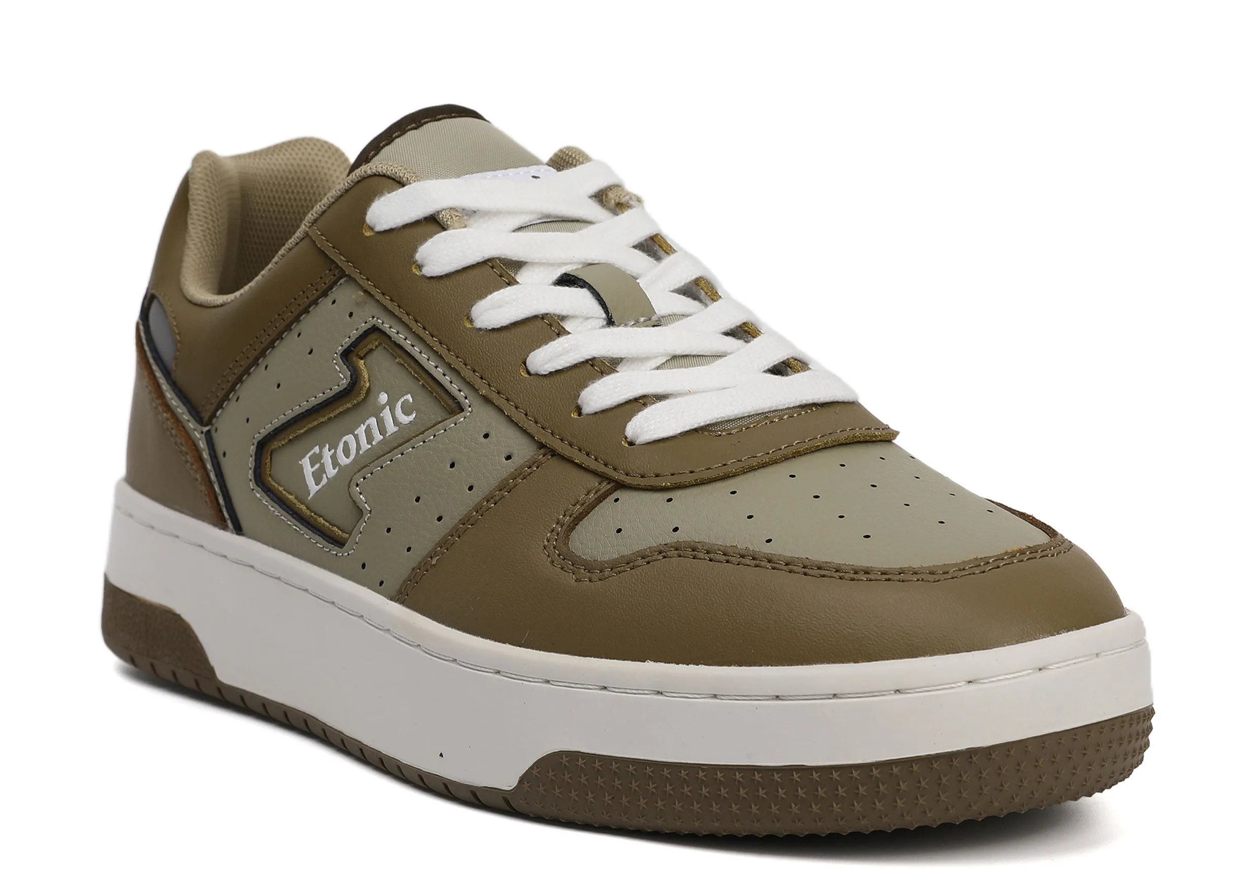 Etonic THE DOC sneakers in olive green and sage green leather, with off white midsole and olive green bottom outsole.