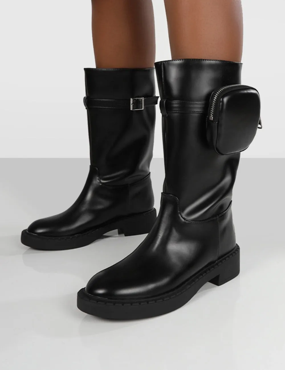 Evoke Black Pocket Detail Chunky Sole Calf Height Boot