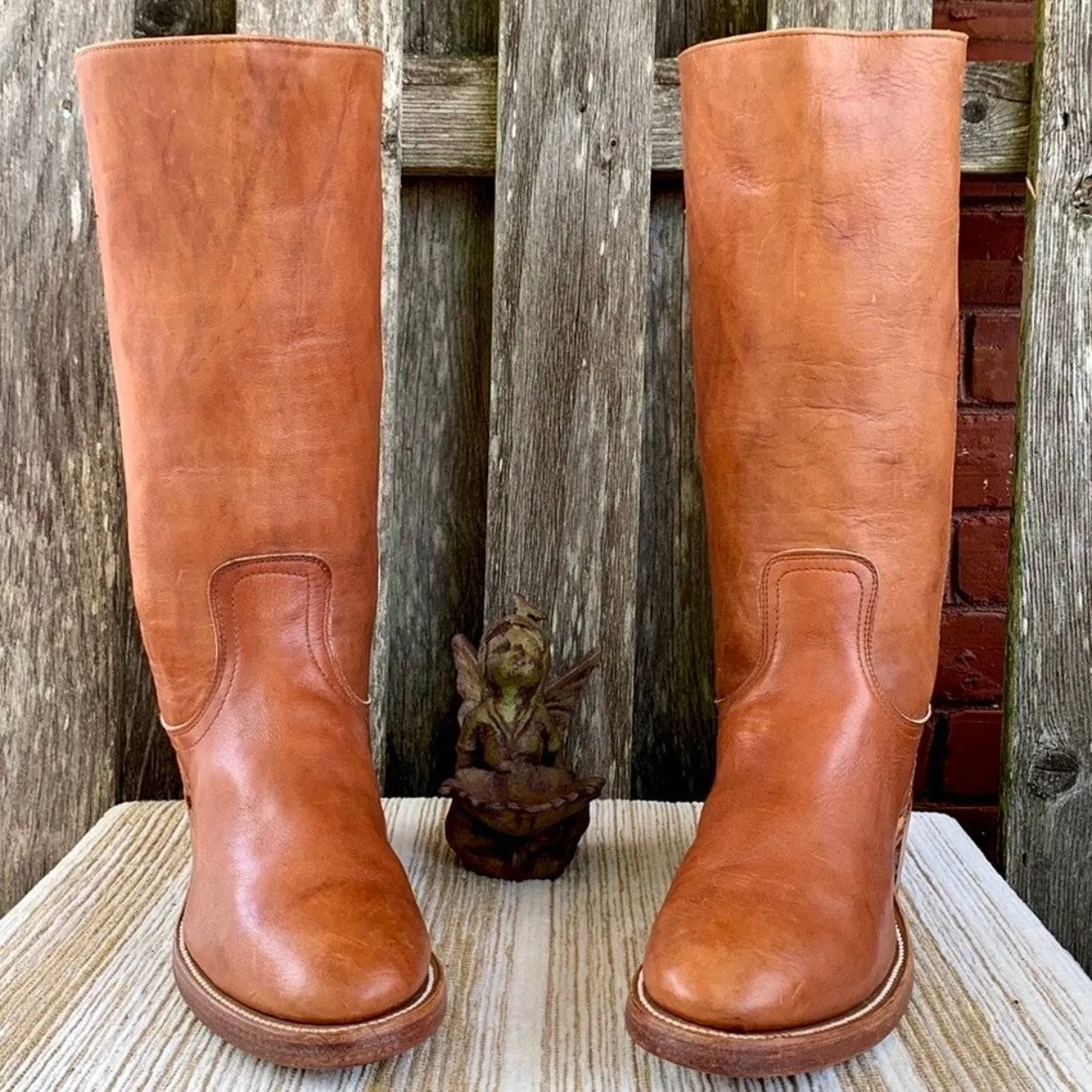 FRYE New Vintage Western Campus Style Brown Leather Chunky Heel Boots