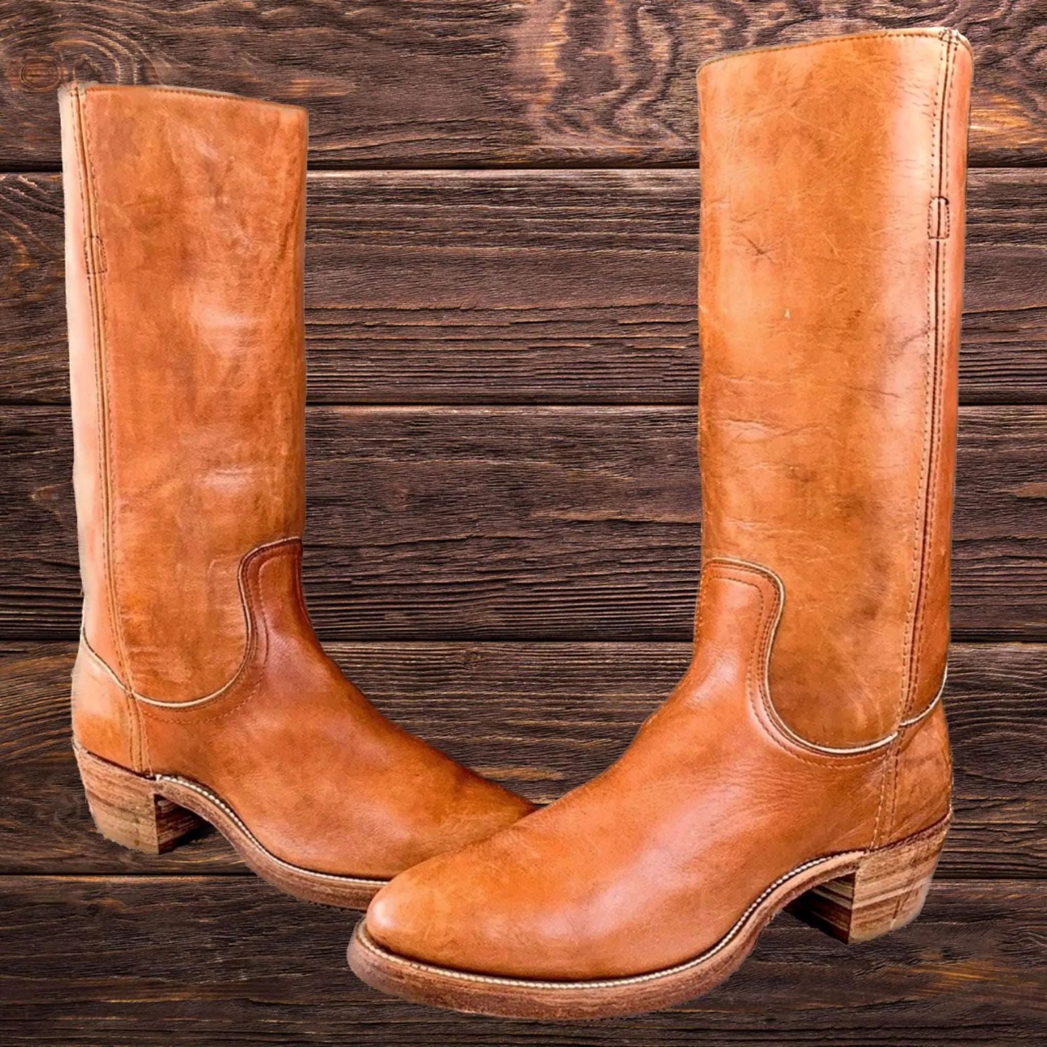 FRYE New Vintage Western Campus Style Brown Leather Chunky Heel Boots