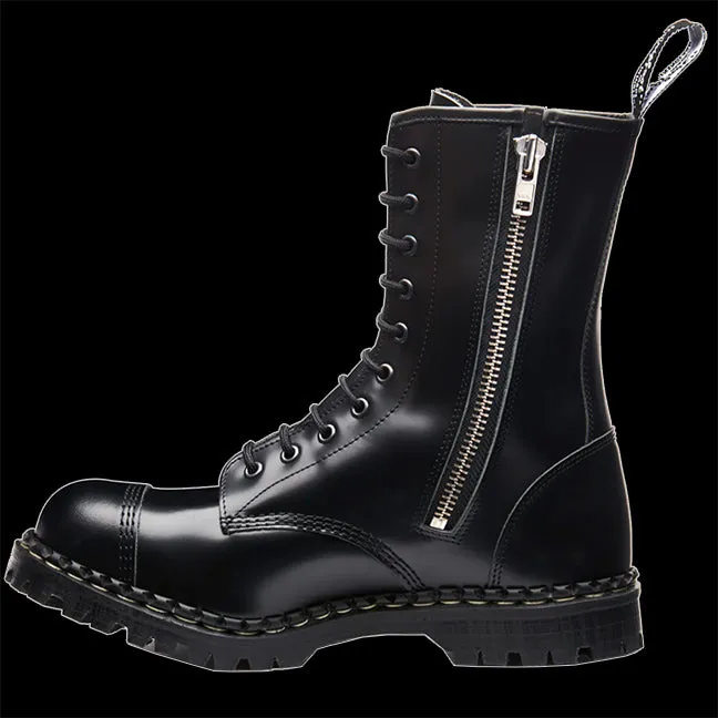 GripFast Black Hi-Shine 10 Eye Steel Toe Zip Boot