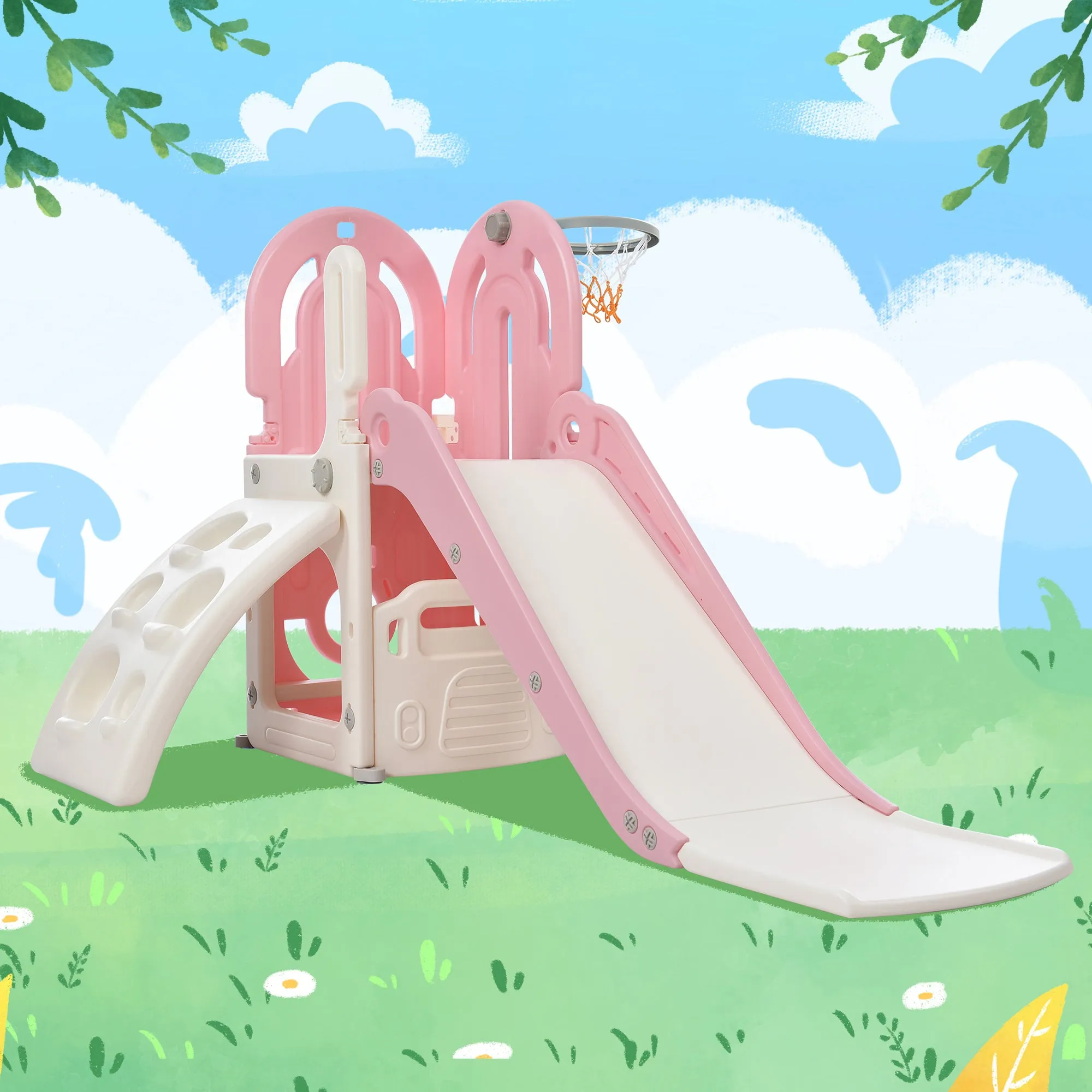 Kids Playground Climber Freestanding Slide Playset - Pink