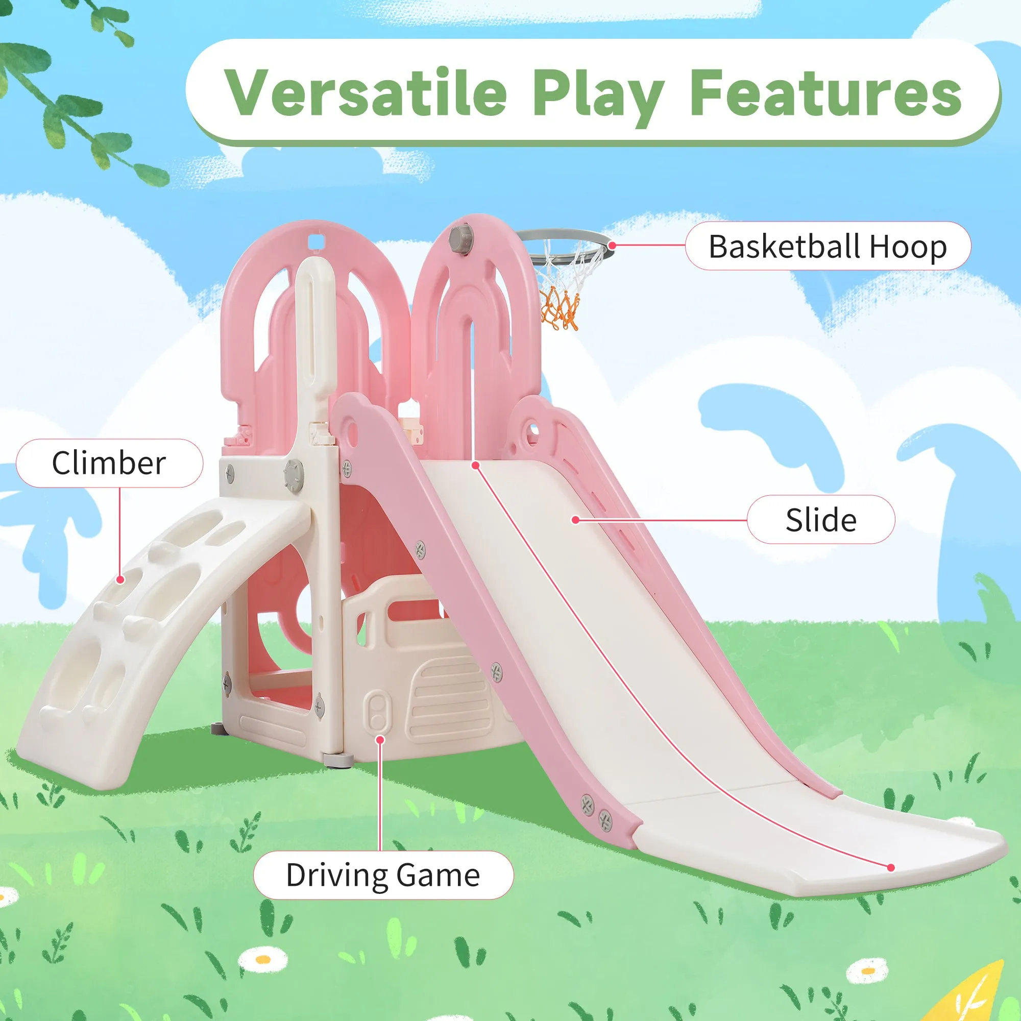 Kids Playground Climber Freestanding Slide Playset - Pink