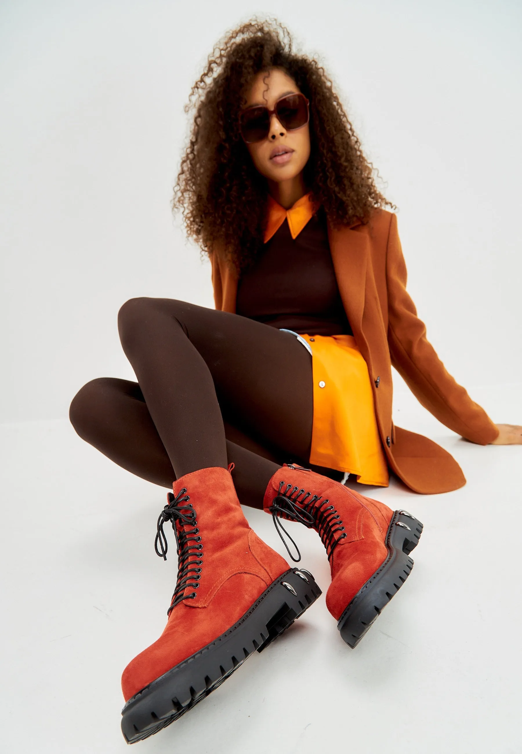 Lace-Up Combat Boots with Chunky Sole - Red