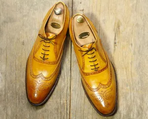 Men's Handmade Shoes,Tan Colour Wing Tip Dress Shoes