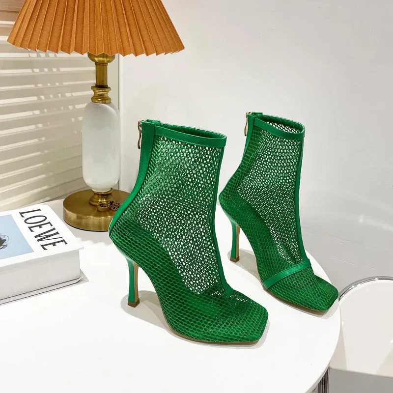 Mesh Netted Square Toe Stiletto Ankle Boots