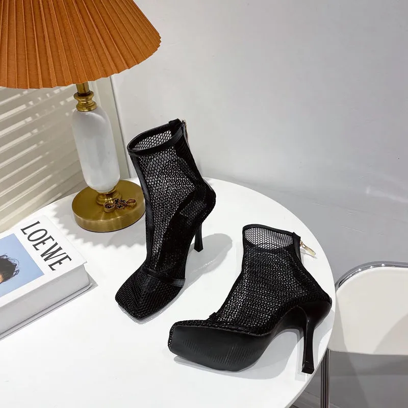 Mesh Netted Square Toe Stiletto Ankle Boots