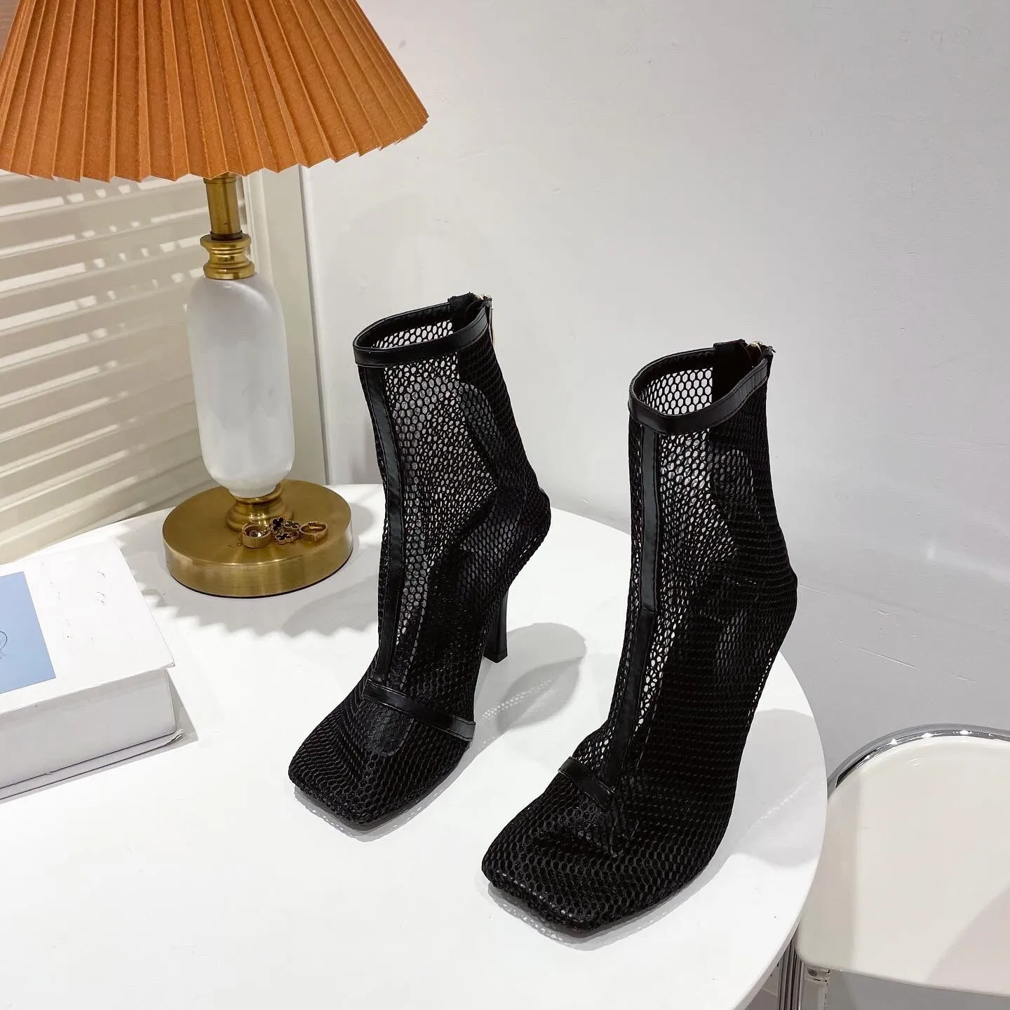 Mesh Netted Square Toe Stiletto Ankle Boots