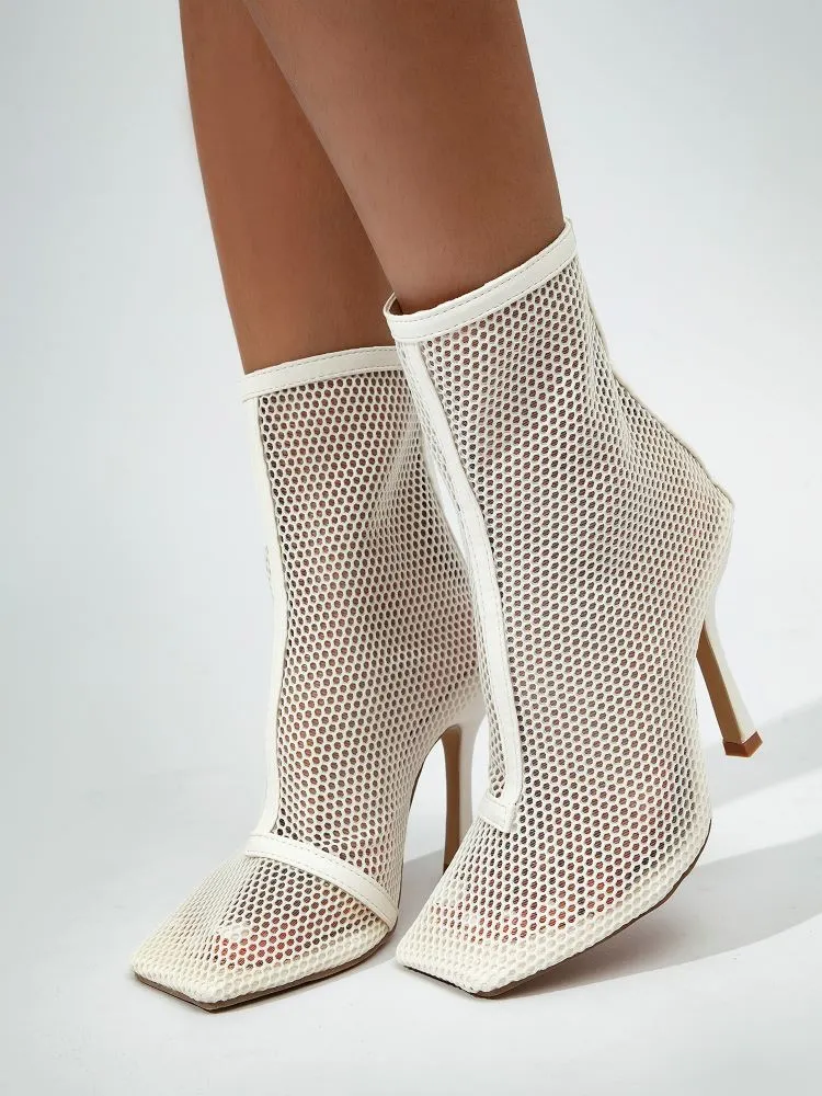 Mesh Netted Square Toe Stiletto Ankle Boots