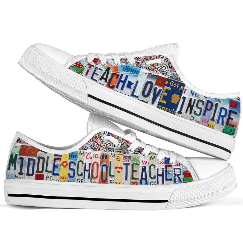 Middle School Teacher Inspire License Plates Low Top Shoes, Teacher Shoes, Low Top Sneakers