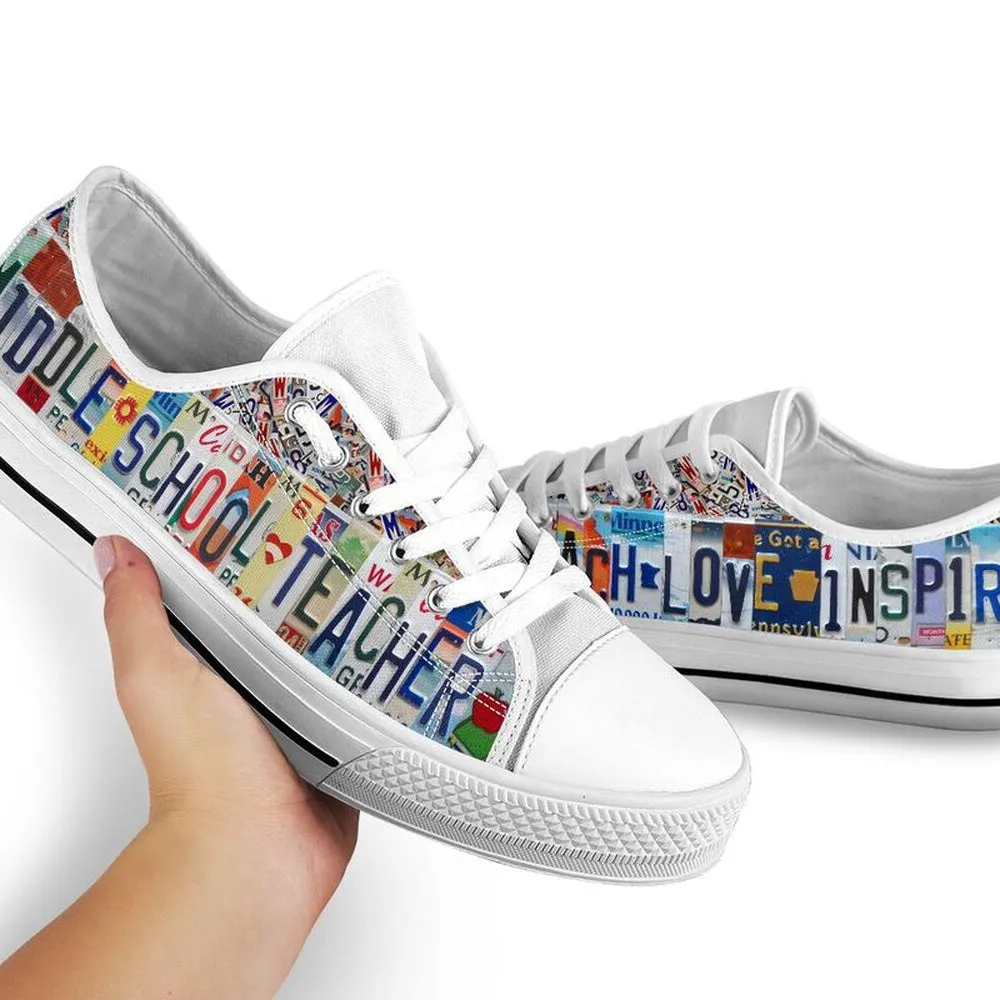 Middle School Teacher Inspire License Plates Low Top Shoes, Teacher Shoes, Low Top Sneakers