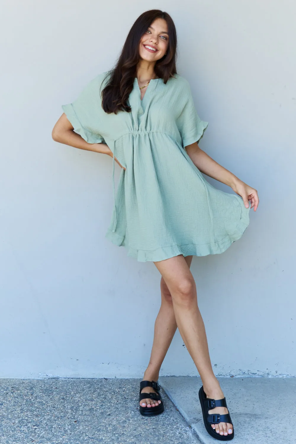 Out Of Time Full Size Ruffle Hem Dress with Drawstring Waistband in Light Sage